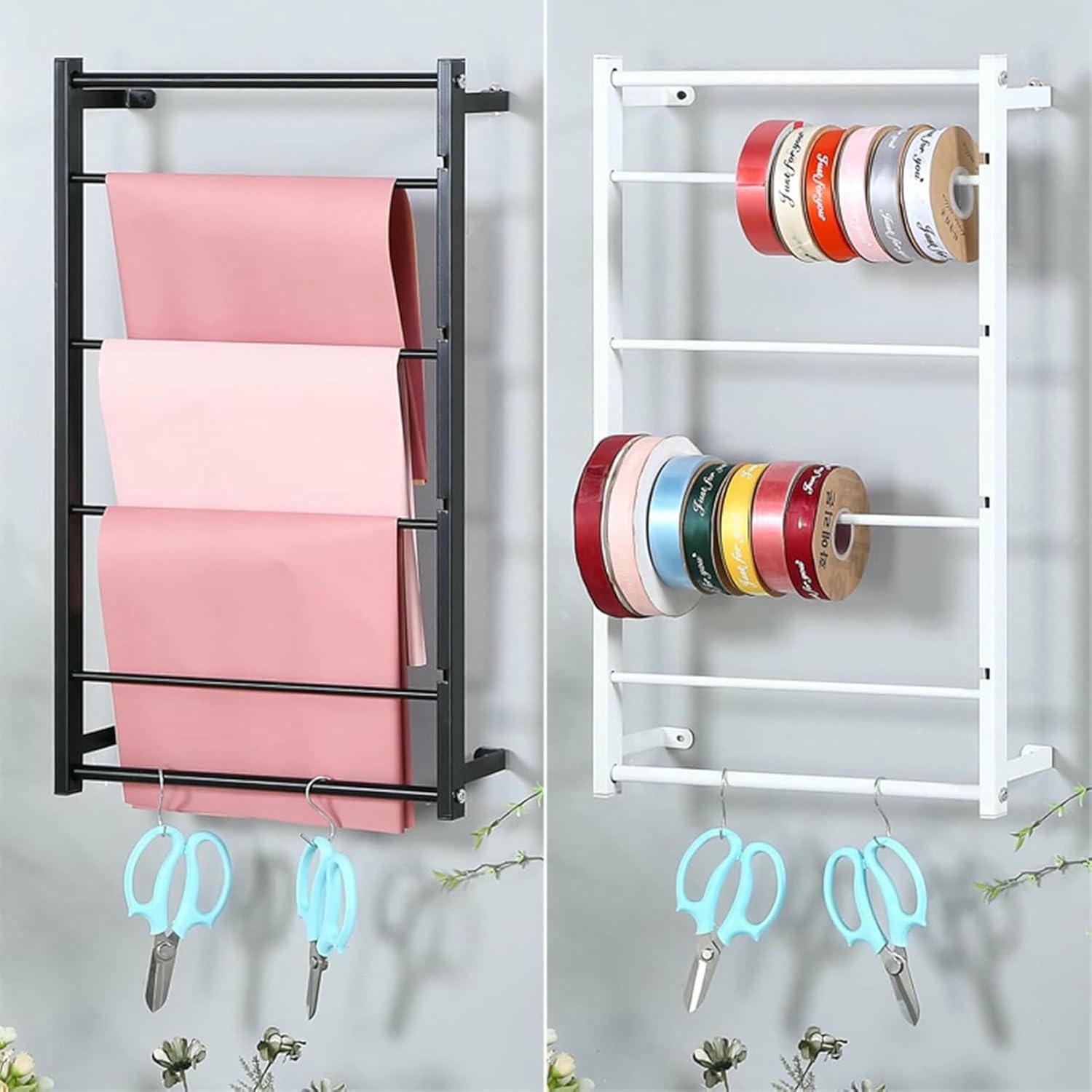 Iron Ribbons/Ties Display Rack Wrapping Paper Organizer Holder for Craft Shops, Wall Mounted Scarves Shelf with Extra Hooks, Multi-Purpose (Color : Black, Size : 40x67cm/15.7x26inch)