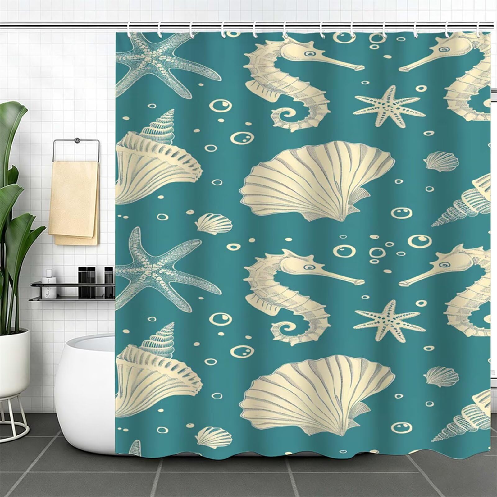 Turchese Tenda Doccia 180x240cm,Tenda per Doccia Tessuto Poliestere Impermeabile Asciugatura Rapida 12 Anelli,Tende Finestra Bagno e Vasca Pieghevole per Angolare Casa Shower Curtain conchiglia J-470