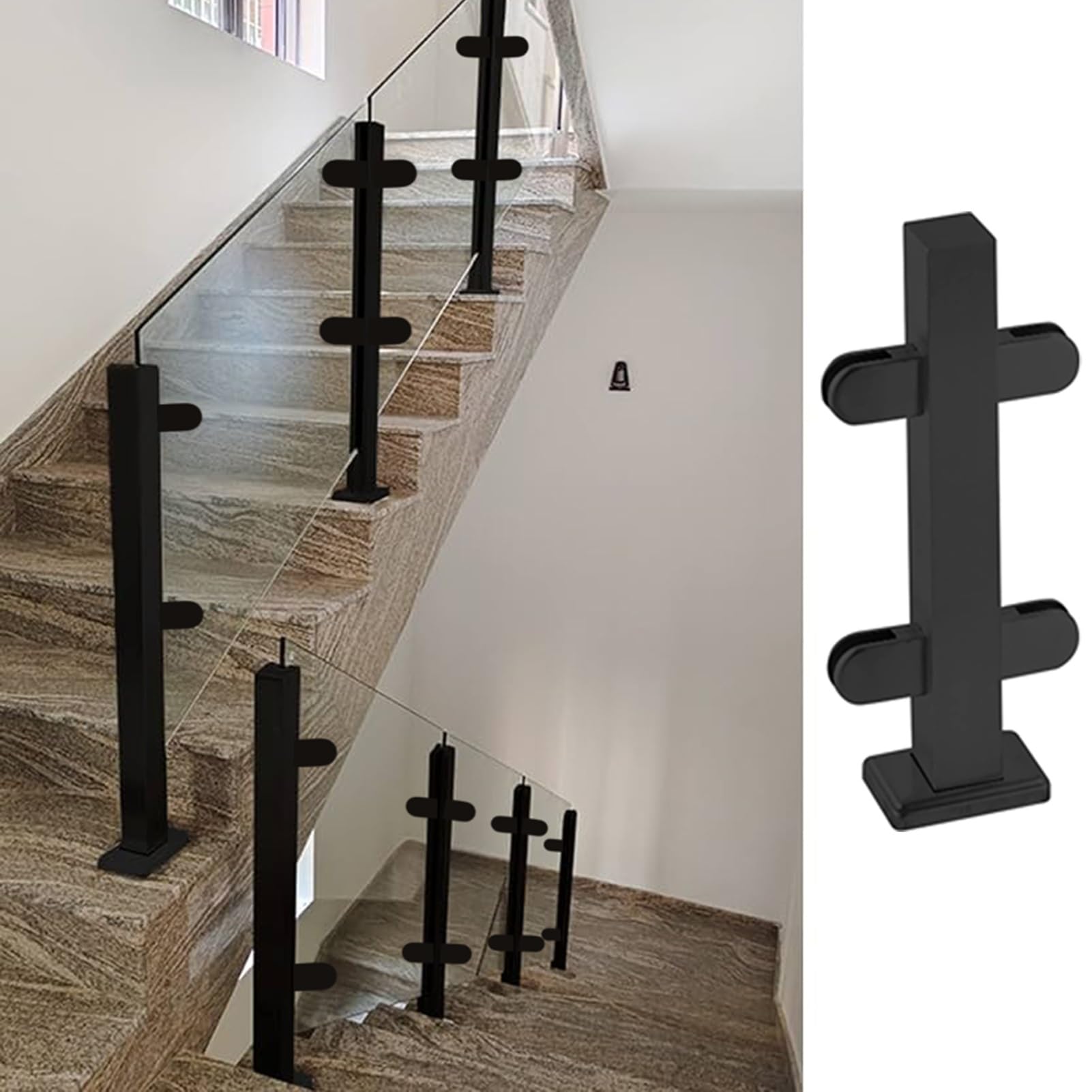 Main courante d'escalier noire et poteau en verre pour balcon moderne