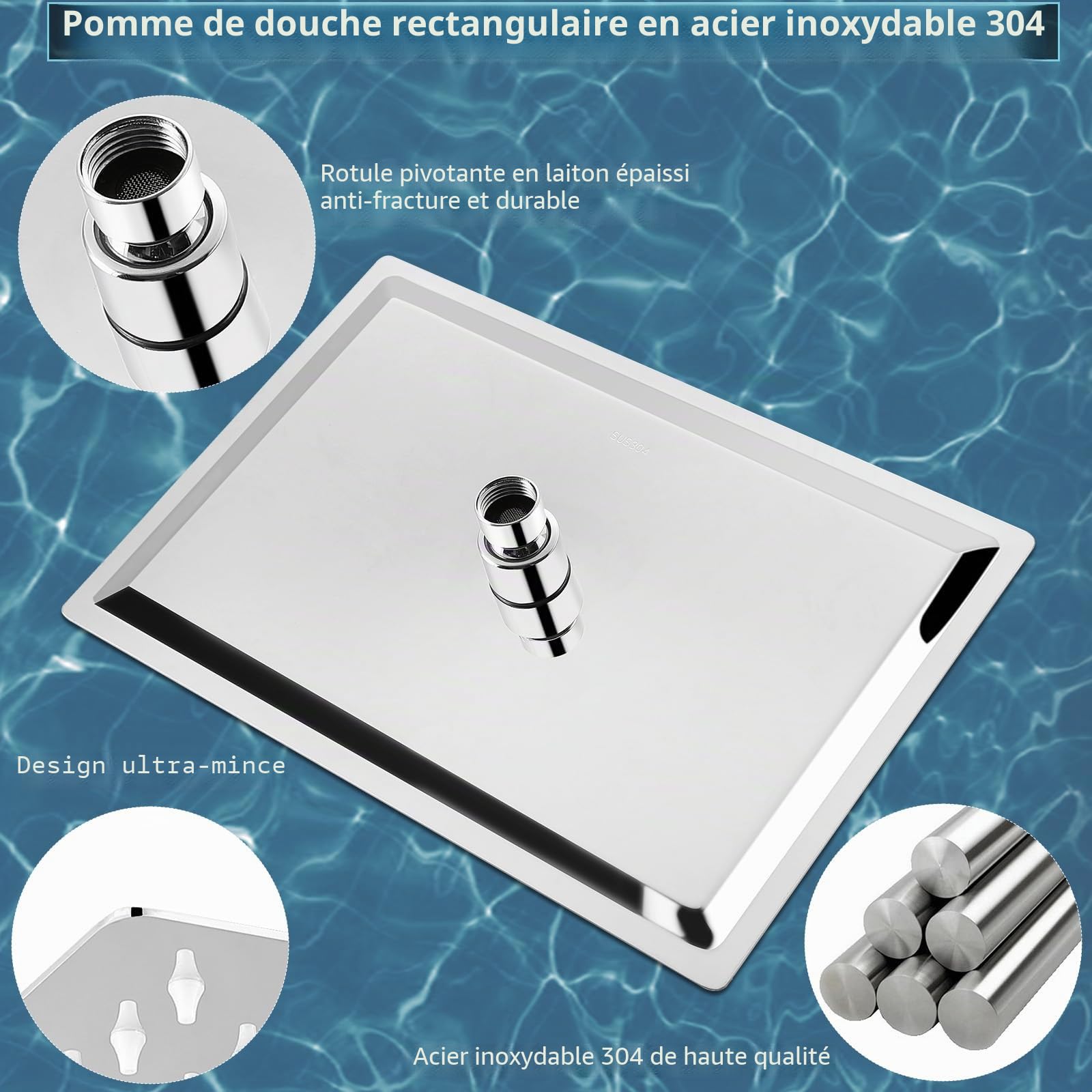 Pomme de douche rectangulaire extra large, 40 x 30 cm, en acier inoxydable à haut débit, couverture complète des cascades – Mise à niveau de luxe de la salle de bain (chromé)