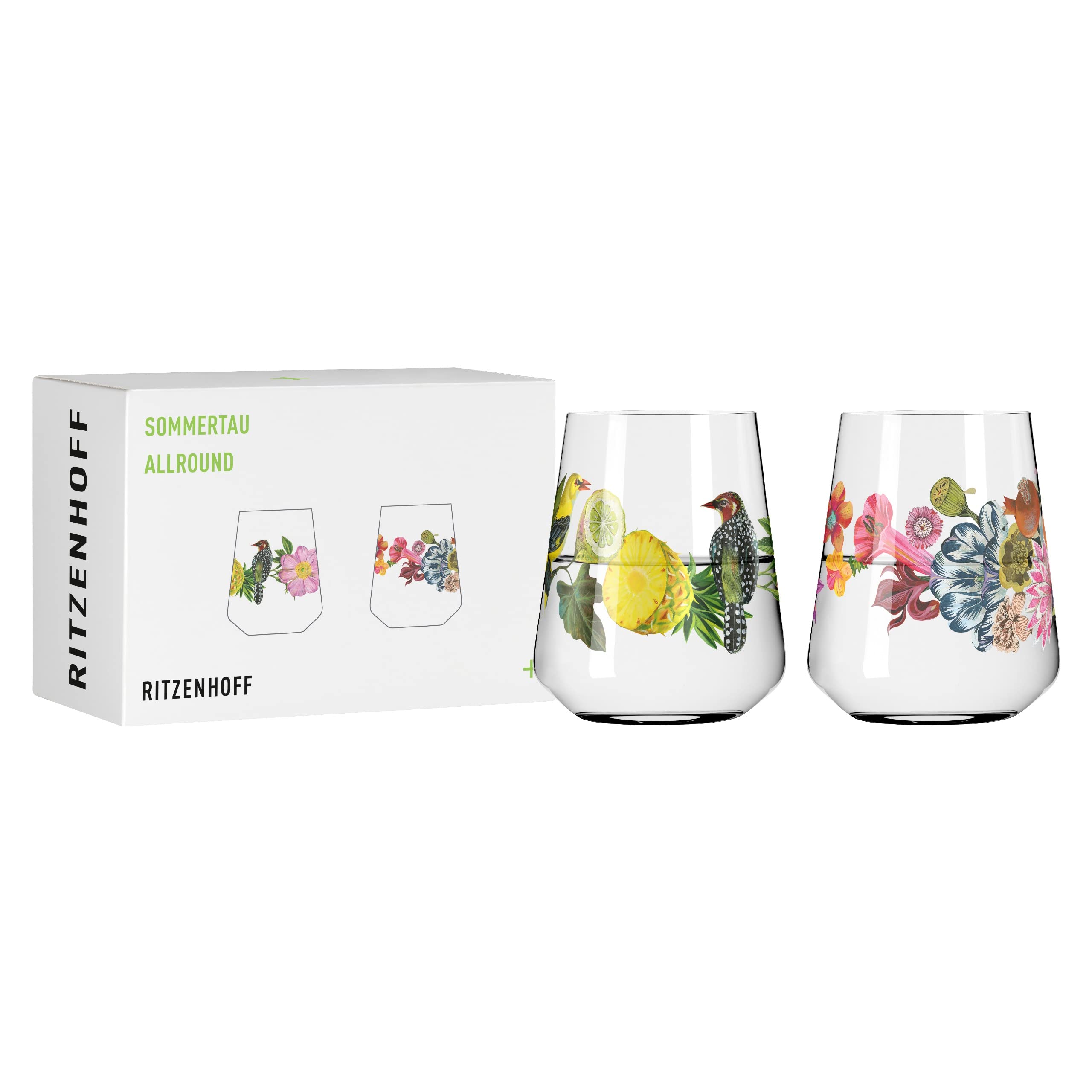 RITZENHOFF 2932001 Universal Glass Set of 2, 500 ml, Sommertau Allround Series, Floral Style, Multi-Colour, Made in Germany