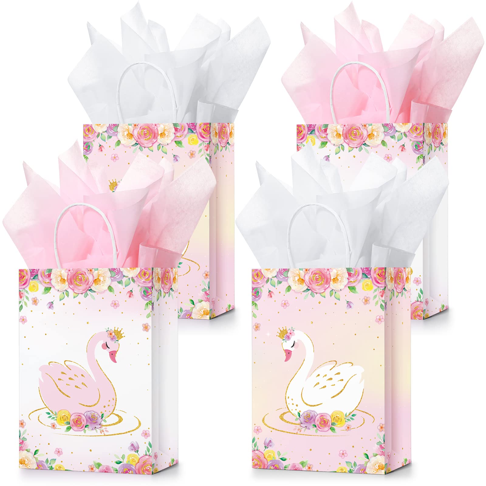 Nezyo16 Set Swan Princess Themed Party Gift Bags with Tissue Paper, Swan Princess Birthday Party Candy Goodie Gift Bags for Birthday Party Floral Swan Party Bags for Birthday Baby Shower Party