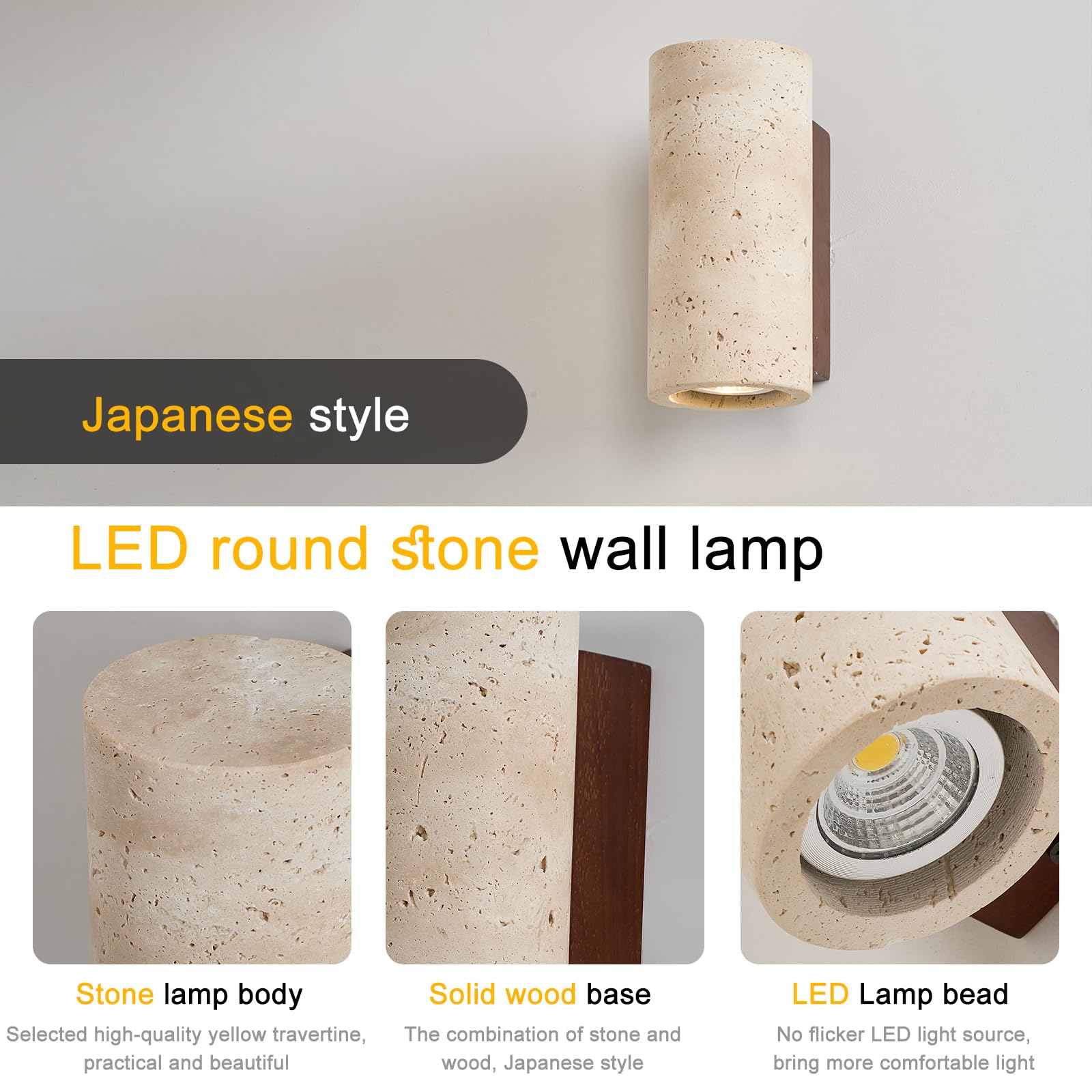 7W Applique Murale en Travertin Jaune Appliques Style Japonais Wabi Sabi Lampe Veilleuse Colonnaire en Pierre Luminaire Intérieur à Chaude pour Chambre Salle à Manger Cuisine Entrée Couloir