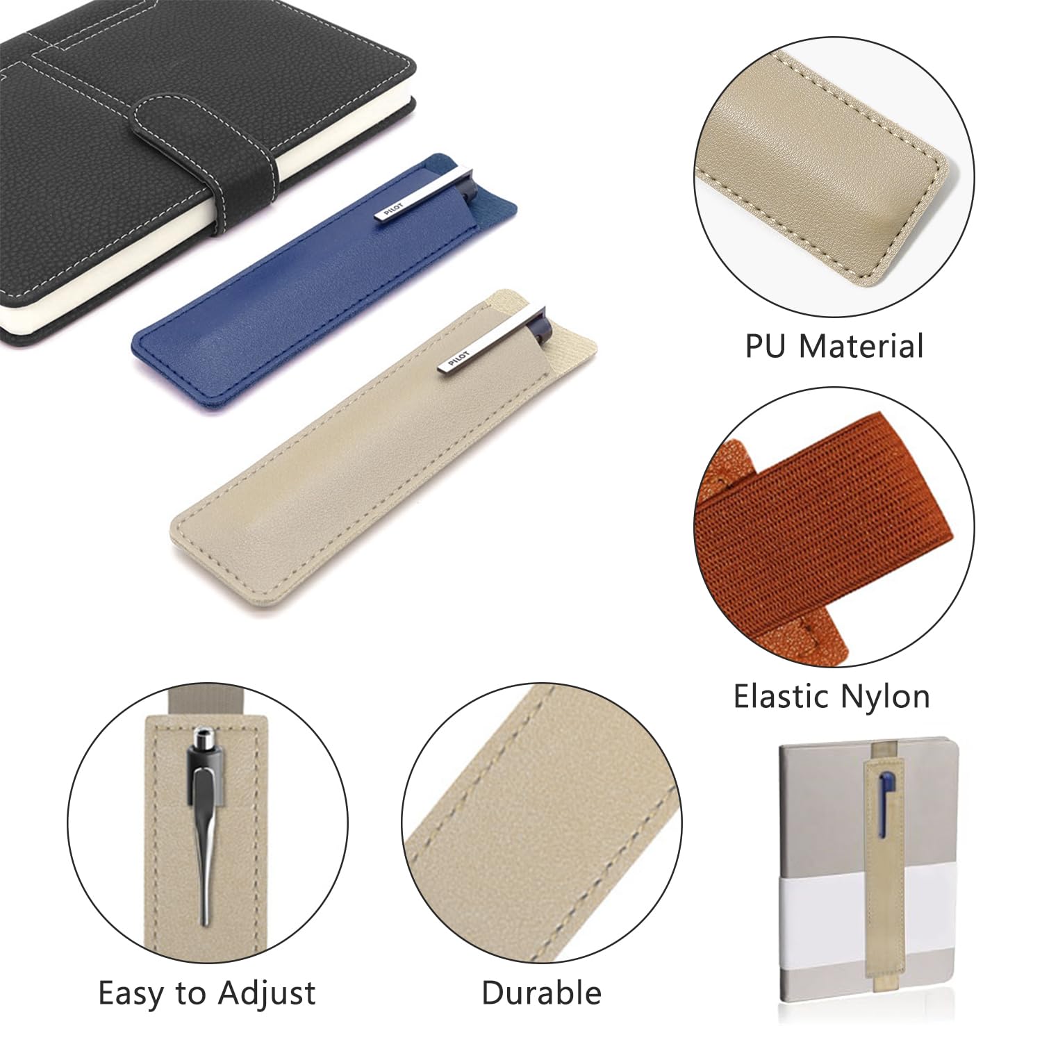 SYEYCW 8 Pcs Pen Holder for Notebook Pen Clip for Notebook PU Leather Pencil Case Holder with Elastic Band - Image 4