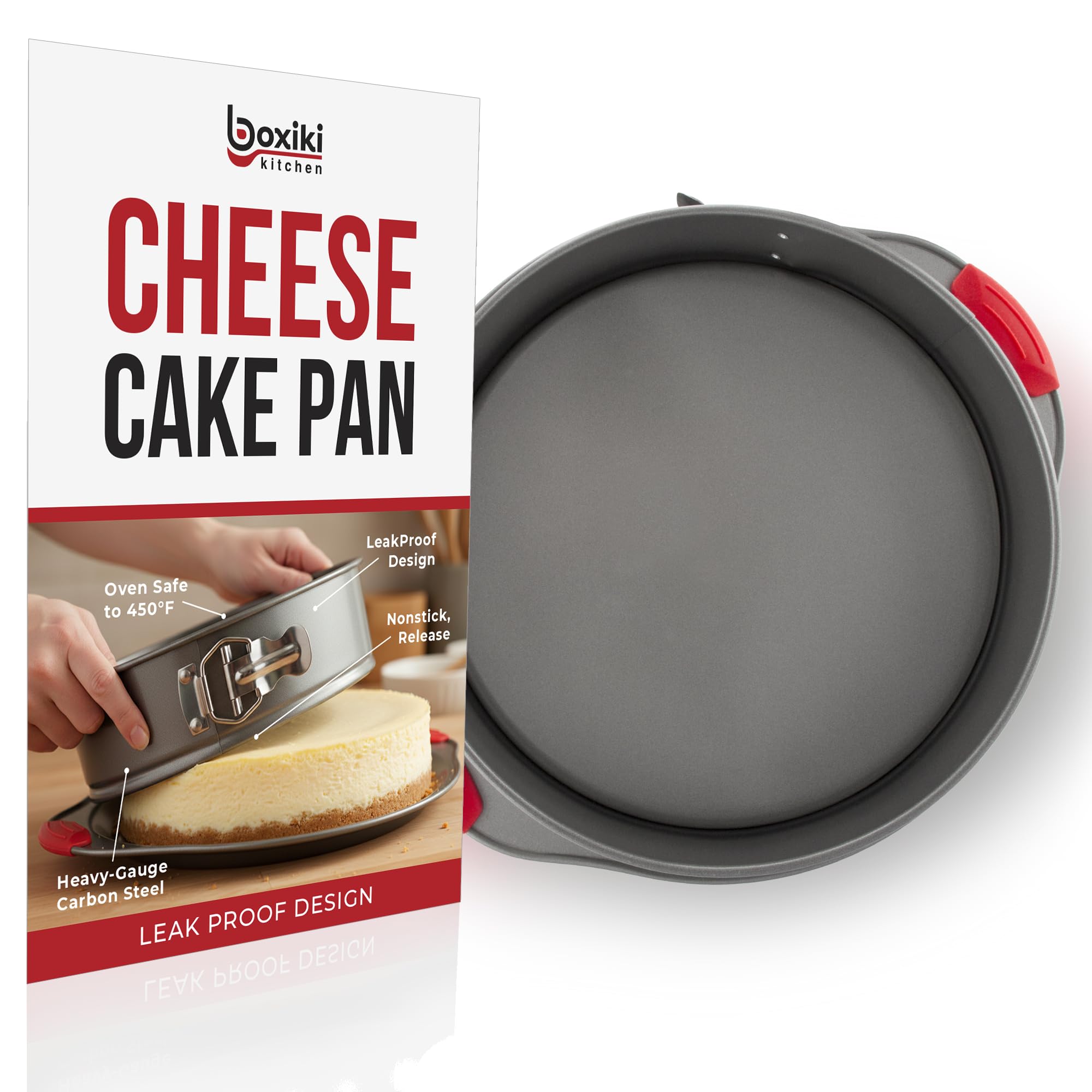 Boxiki Kitchen 10 Inch Nonstick Springform Pan, Professional Spring Form and Cheesecake Baking Mold, Leakproof Cake Pan with Silicone Handles