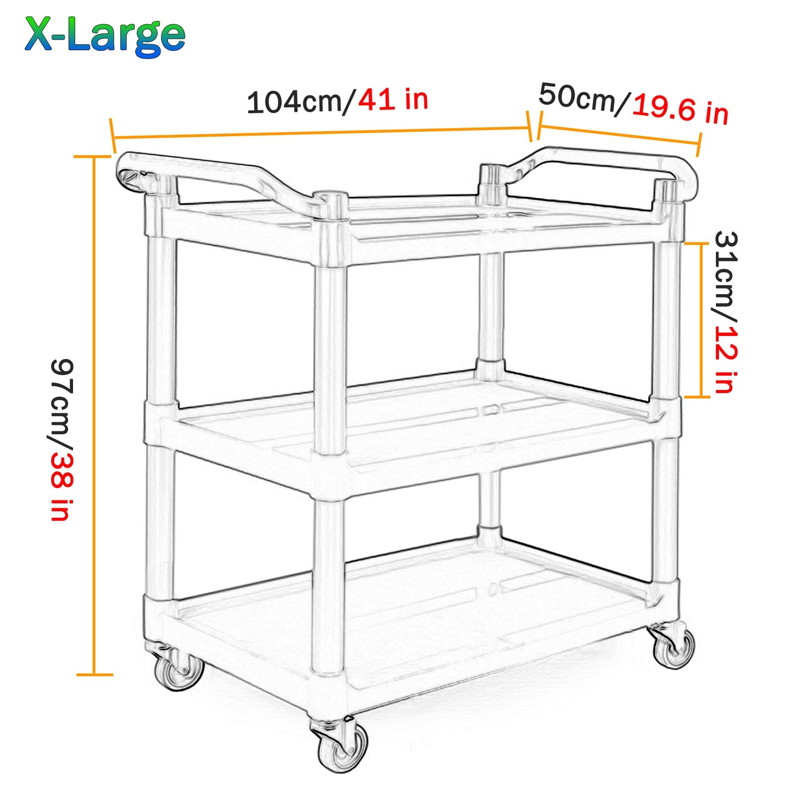 Multifunctional Utility Cart Service Storage Trolley Plastic 3-Tier Utility Bus Cart with Wheels & Load 150Kg Commercial Housekeeping Service Trolley for,Gray-Large