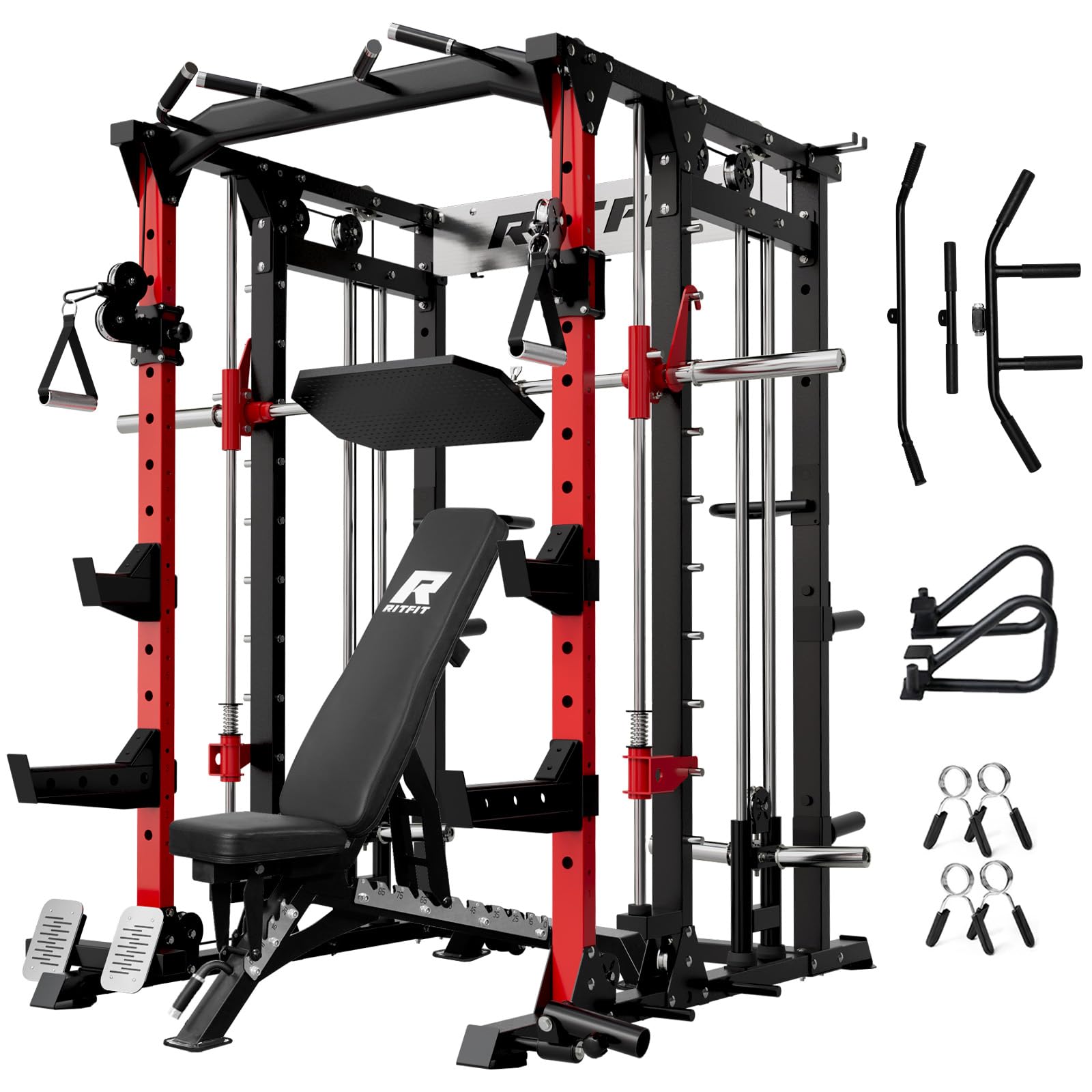 RitFit Buffalo Smith Machine, Power cage with LAT-Pull Down System &amp; Cable Crossover System, All-in-One Squat Rack for Home Gym, Power Rack