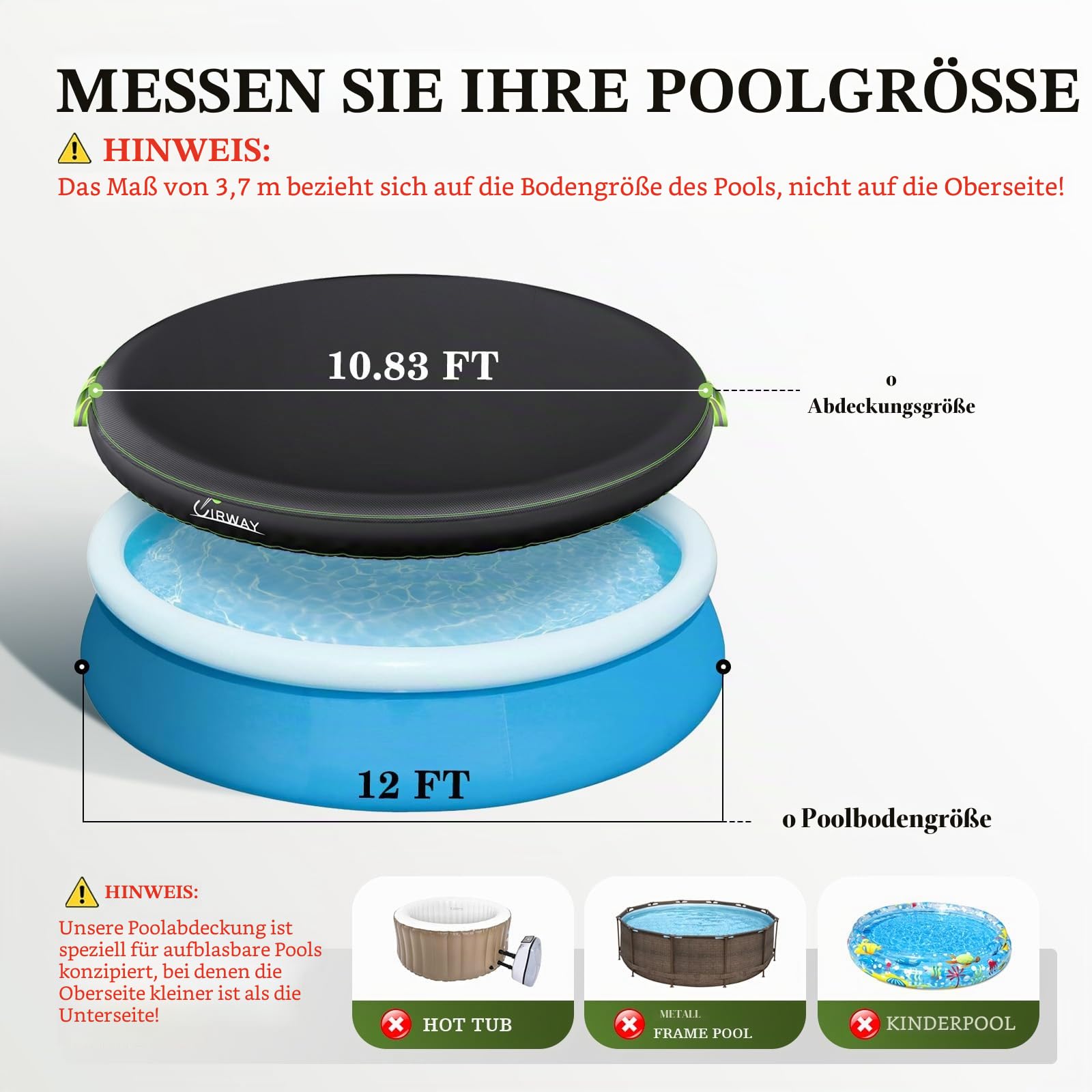 UIRWAY Poolabdeckung Rund 366 cm - Für Easy Set Pool, 420D Abdeckplane Pool mit Elastischem Band, 2 Reflektierenden Griffen, UV-beständig, Schwarz