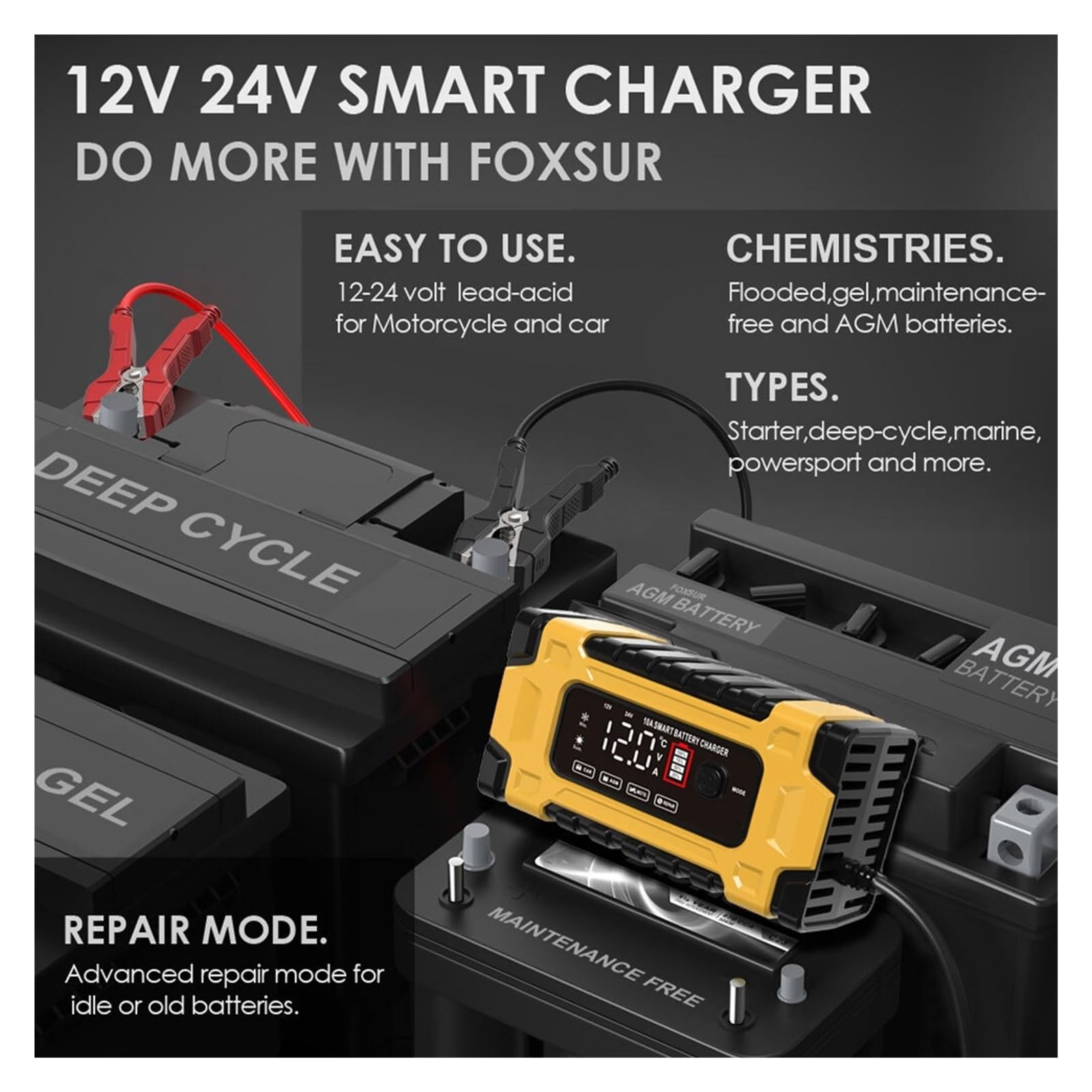 Cargador De Batería Coche 12V Y 24V Carga Automática Inteligente LCD Digital Carga De PrecisióN