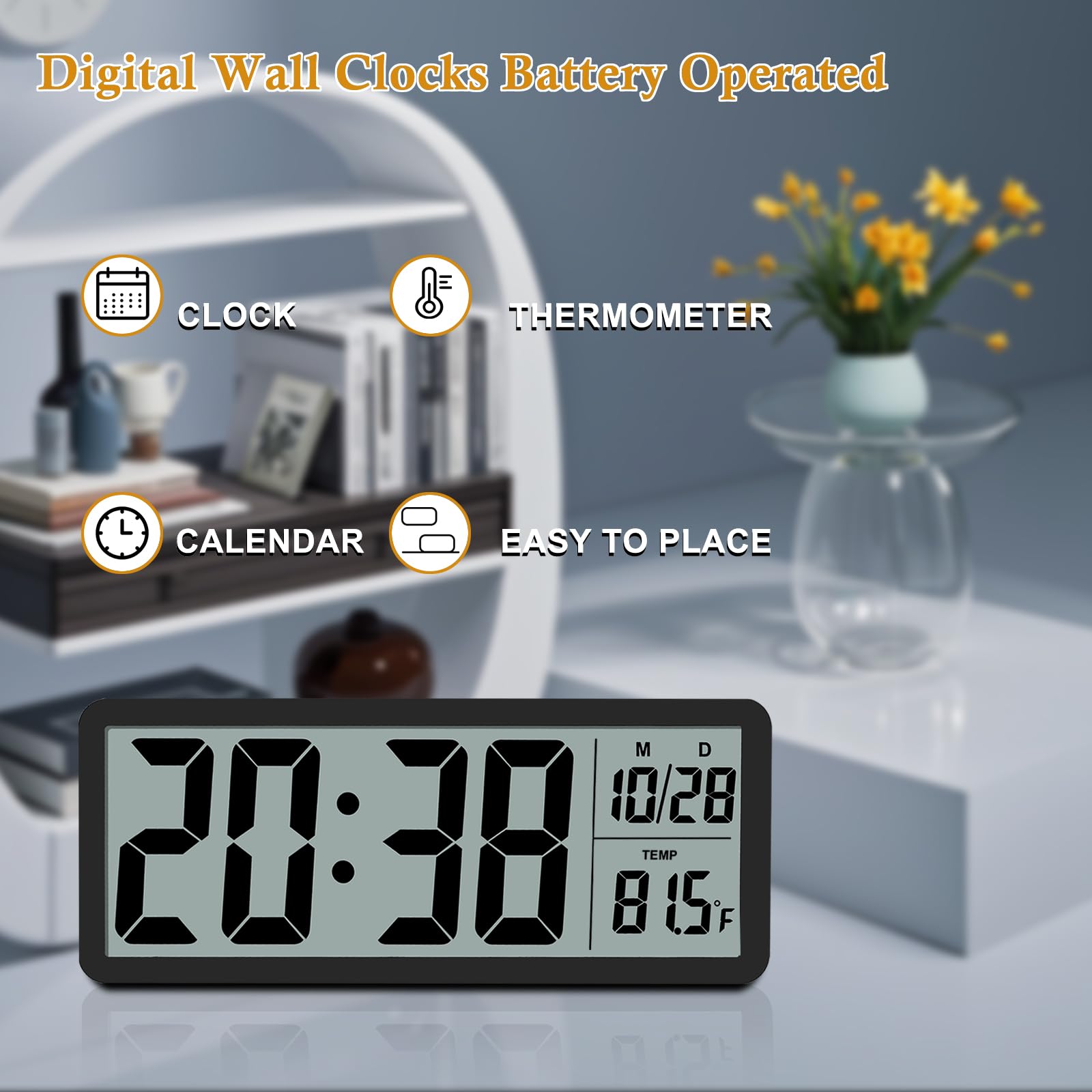 QINYUNE Digital LCD Wall Clock Easy to Set, 8.5 Inch LCD Screen with Time/Date/Temperature Display,Simple Digital Desk Clock with 12/24H for Bedroom Living Room Office Décor