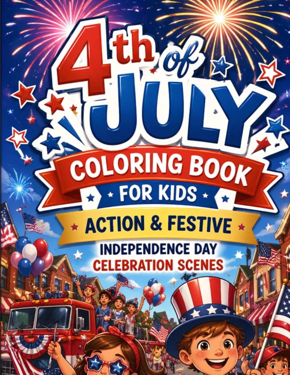 4th of July Coloring Book for Kids: Action & Festive Independence Day Celebration Scenes: Fireworks, Parades, Outdoor Games, Festivals and Patriotic Fun Coloring Pages for Boys and Girls