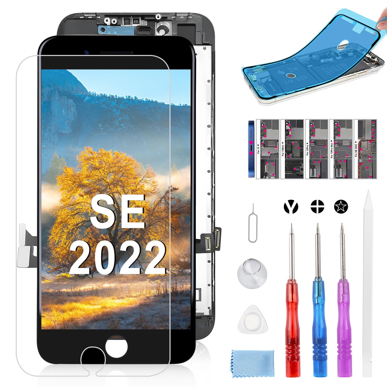for iPhone SE 2022/SE 3rd Screen Replacement Kit: Beefix Replacement for iPhone 8 LCD Digitizer 3D Touch, Complete Assembly with Repair Tools