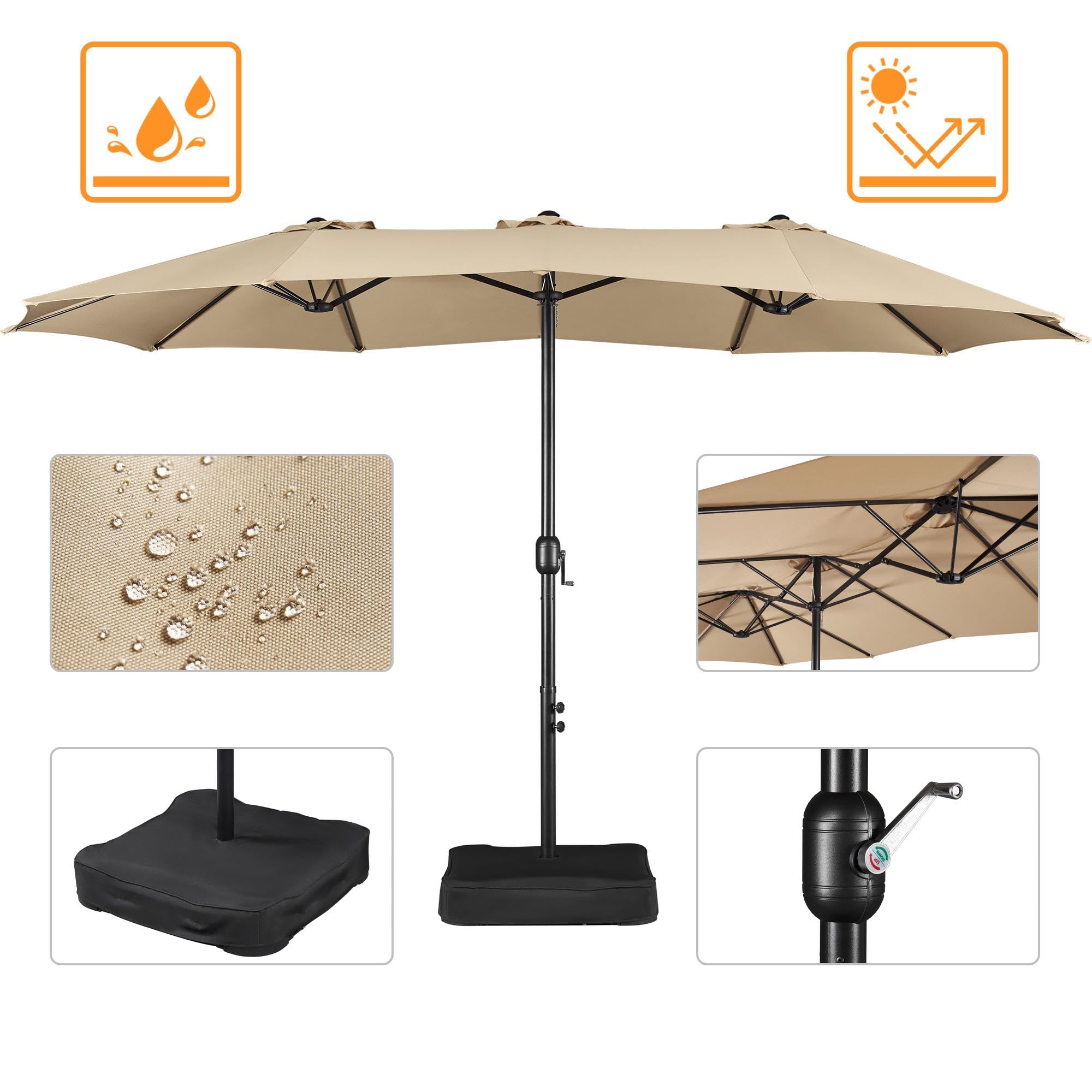 Yaheetech Sonnenschirm mit Ständer Großartiger Terrassenschirm 385 x 240 cm mit Basis für Sonnenschutz für Balkon/Terrasse/Garten Rechteckig Gartenschirm mit UV Schutz 50+, Hellbraun