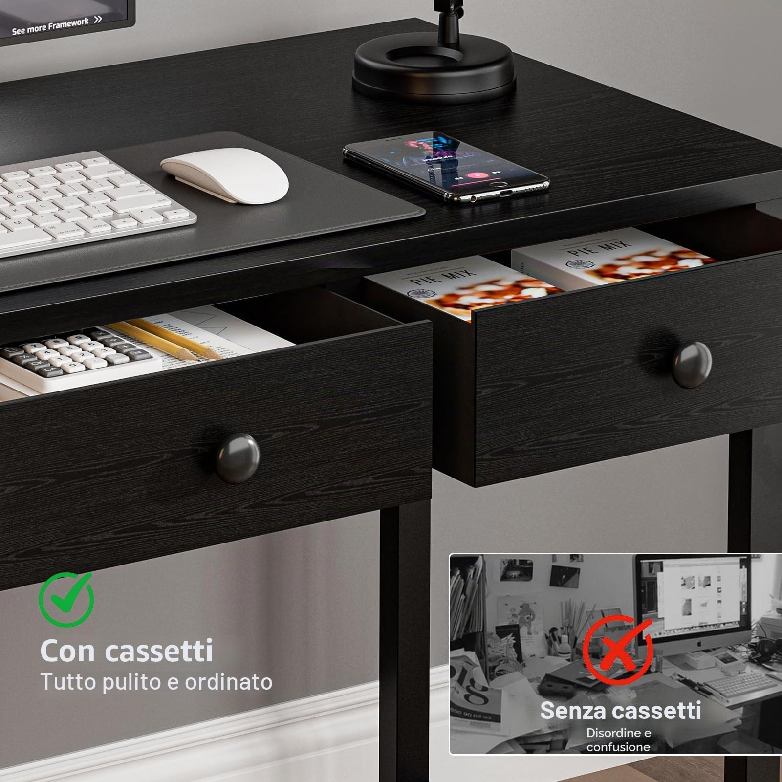 Grandder Piccolo tavolo per computer con 2 cassetti in tessuto, 100 cm, con scomparti e cassetti, scrivania per piccoli spazi, colore nero