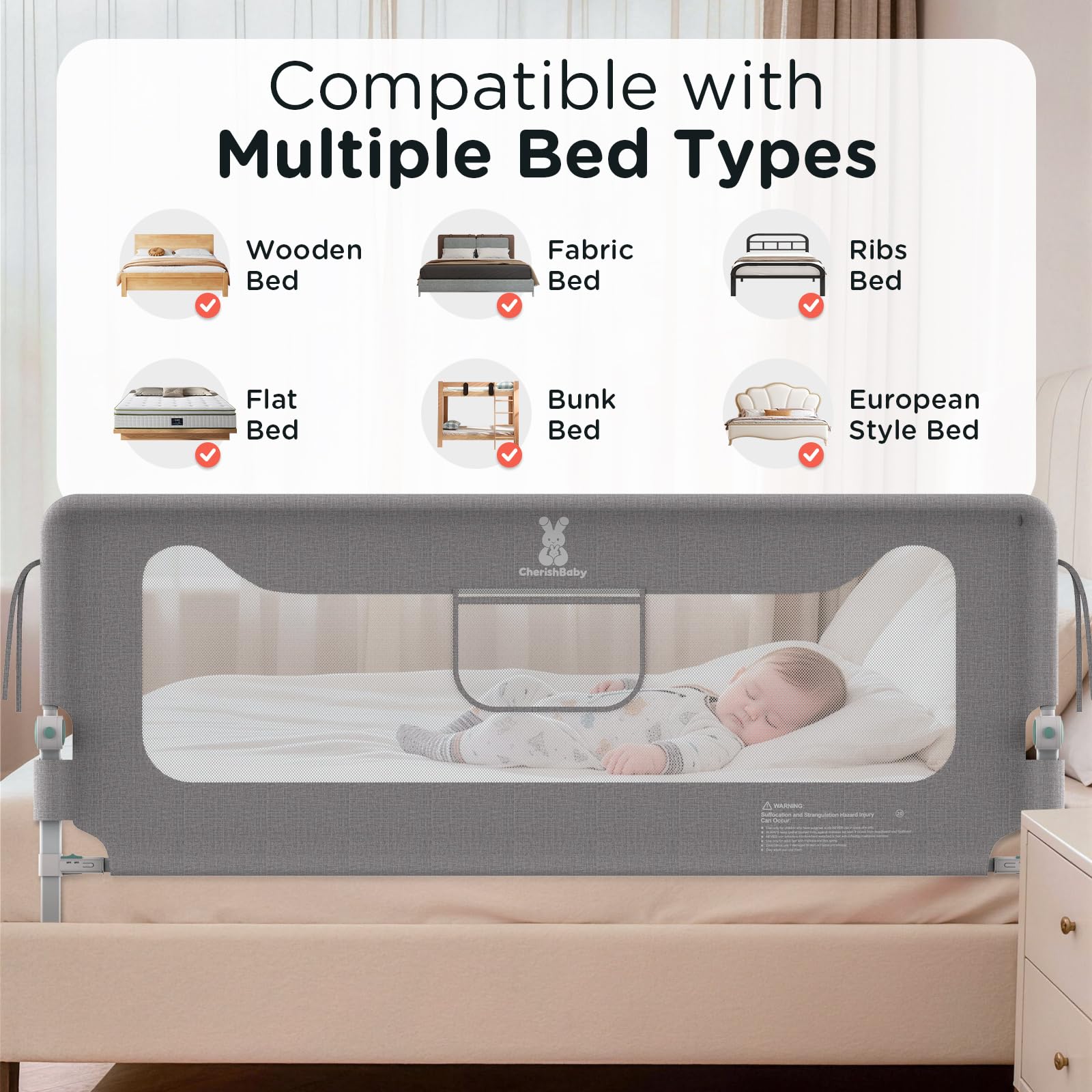 Huracan Barriera per letto Pieghevole 150 cm, protezione anticaduta per letto, protezione anticaduta regolabile in altezza in 14 posizioni, barriera stabile per lettini, letto dei genitori e lettino