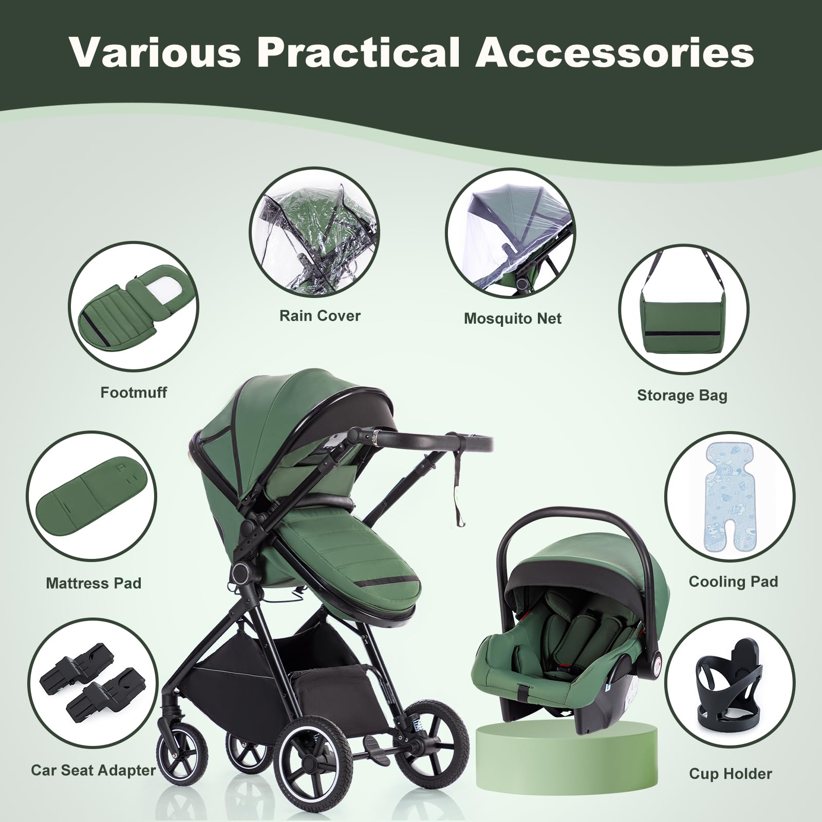 Cochecito 3 en 1 con Silla de Coche, Carrito bebé Plegable, Manillar 7 Alturas, Suspensión 4 Ruedas, Funda de Lluvia y Mosquitera, Sistema de Viaje para Recién Nacidos 0-3 Años (15kg)