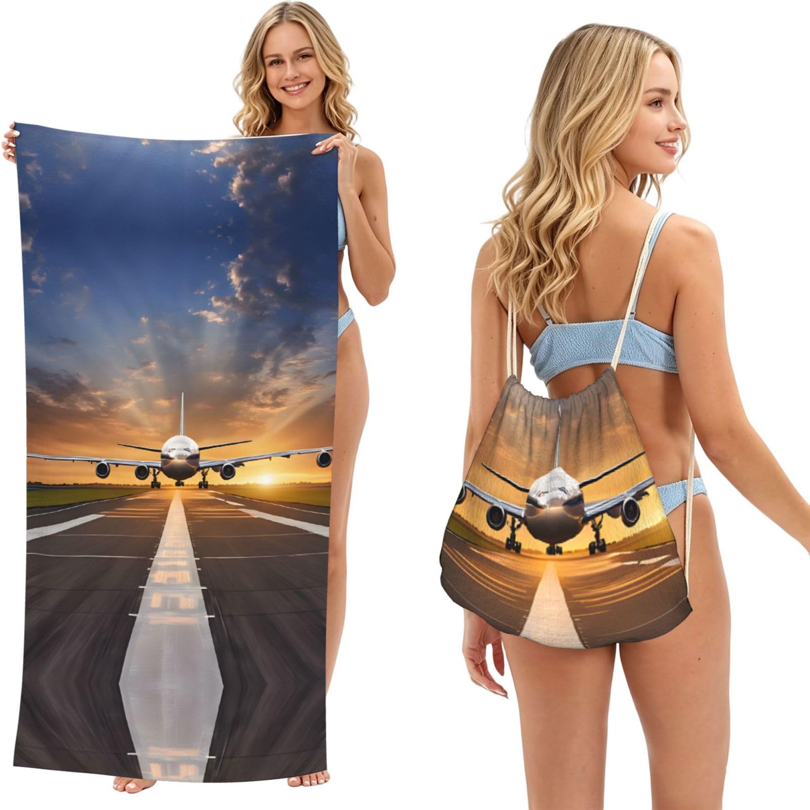 ESNAIUVCD Airport Print Print Beach Towel For Adults,Towel With Drawstring Bag, Travel Pool Swimming Sports Shower Sand Free Quick Dry Bath Towel For Pool, Beach, Yoga- 180x60cm