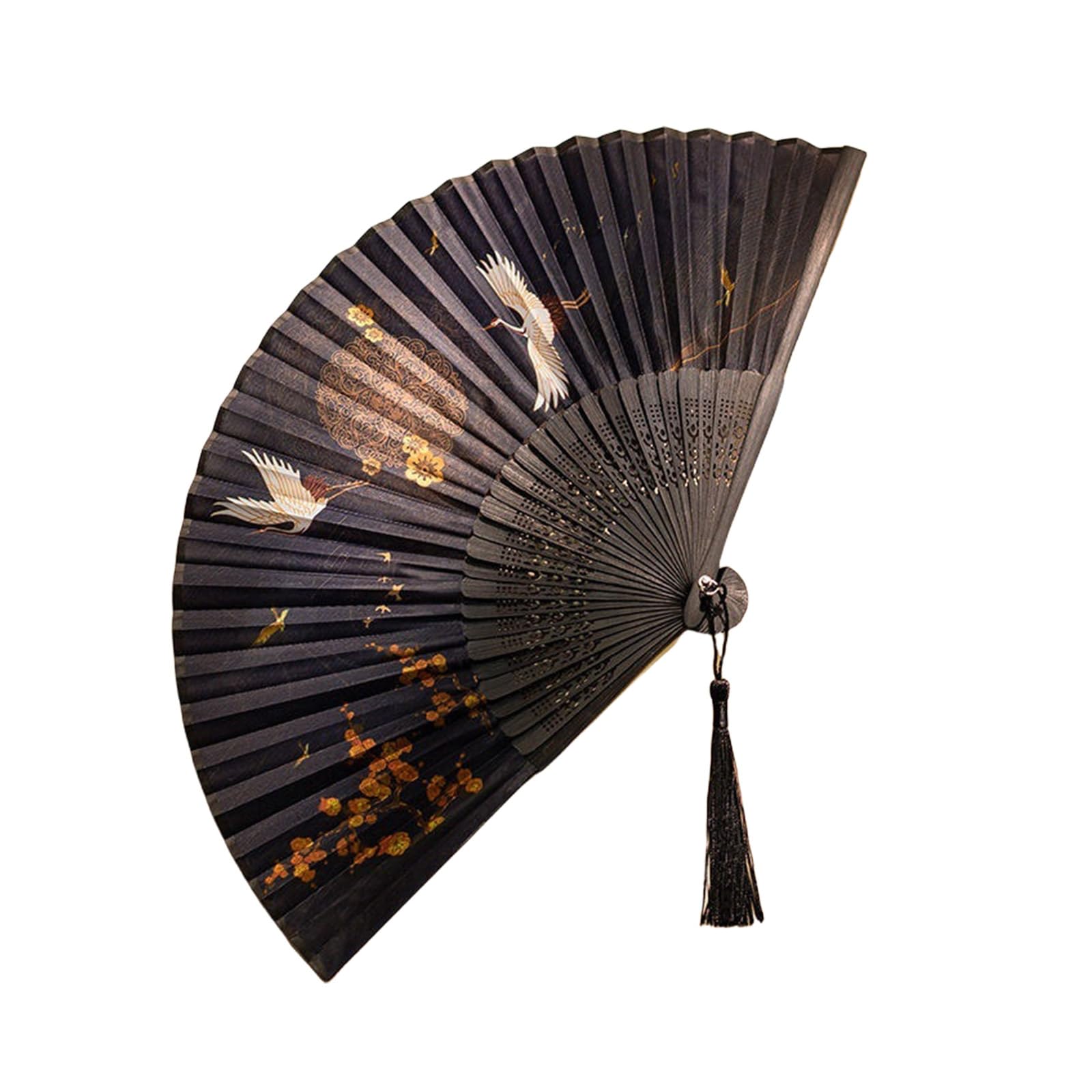 NEWFT Wood Folding Fan with Tassels Chinese Ancient Styles Cheongsams Handheld Fan with Vintage Cranes Pattern Decoration Decorative