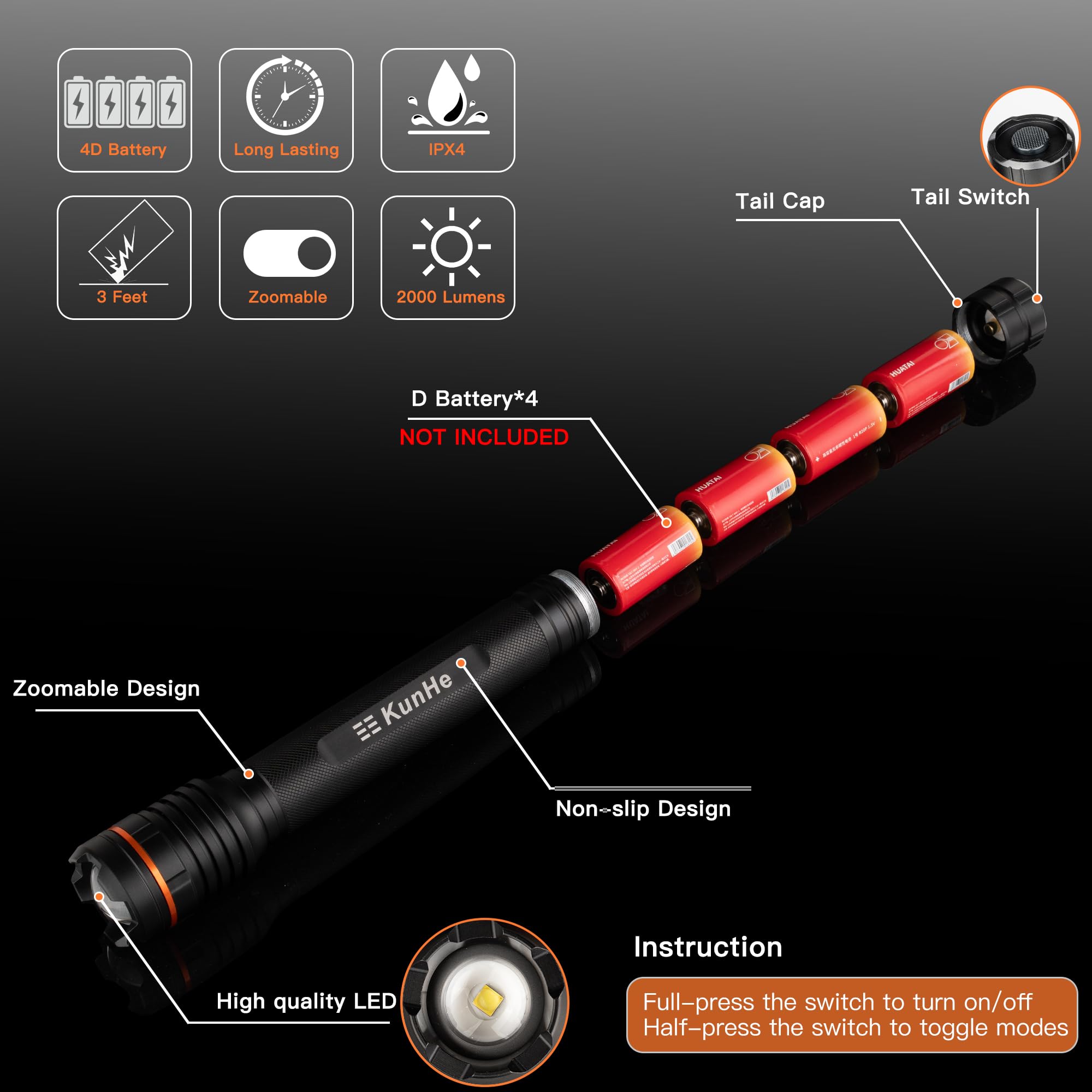 KunHe Lot de 2 grandes lampes de poche LED 4D robustes en aluminium zoomable haute luminosité 2000 lm alimentée par batterie pour la maison, les pannes de courant, le camping et la voiture