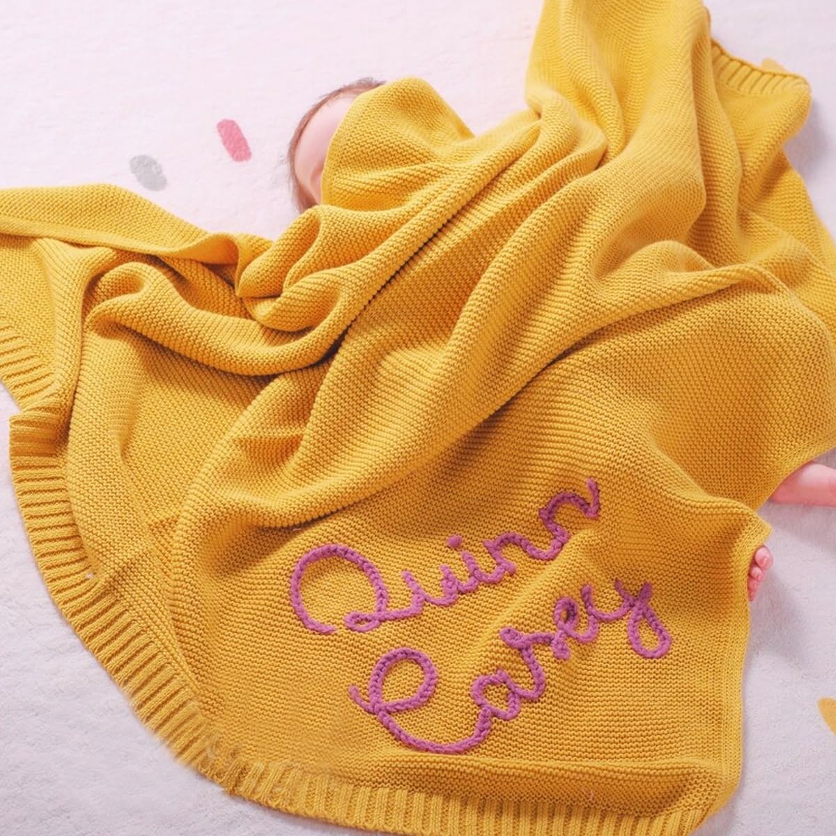 Herstl Yellow Personalized Embroidered Baby Blanket, Soft Cotton Knitted Stroller Blanket With Name, Breathable Newborn Receiving Blanket, (Yellow)