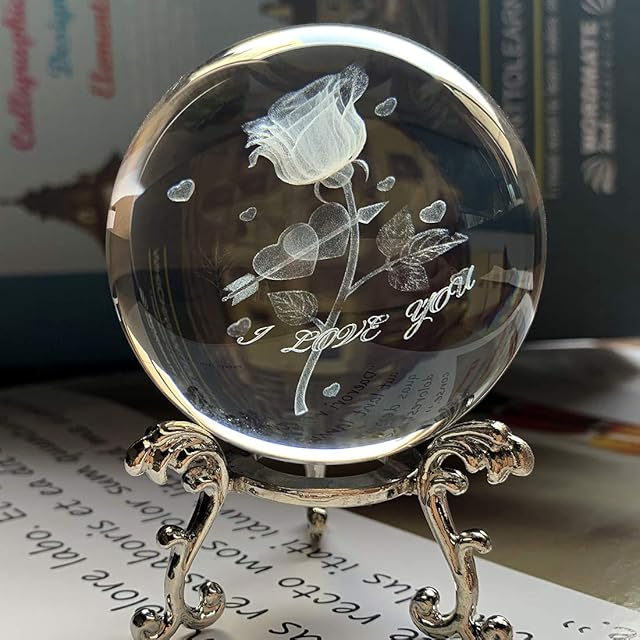 HDCRYSTALGIFTS 3D Carving Rose Crystal Ball Glass Sphere Display Paperweight with Sliver-Plated Flowering Stand,2.4inch(60mm)