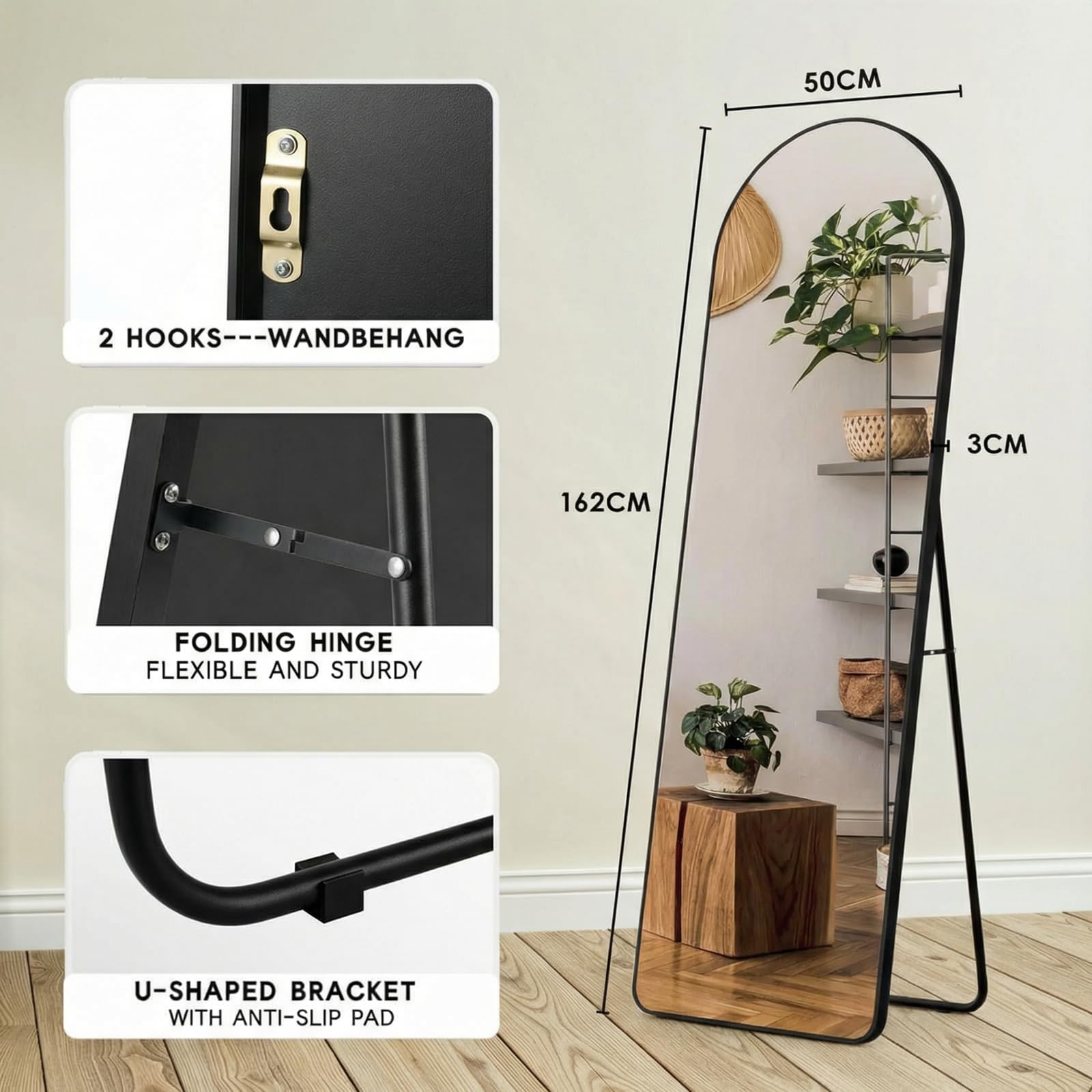 Clevich Specchio da Terra 162x50 cm, Grande Specchio da Parete | con Cornice in Alluminio per Camera da Letto,Bagno,Ingresso e Corridoio, Nero