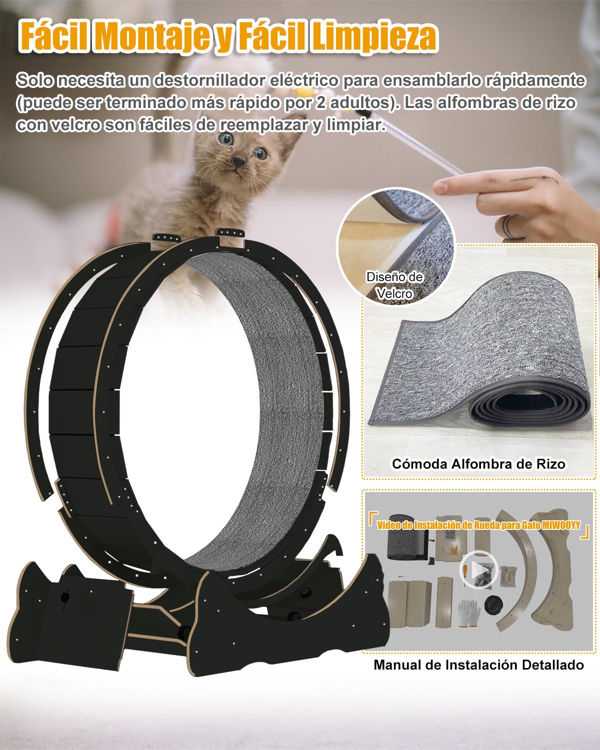 Rueda para Gato Grande 110cm - Rueda Ejercicios de Gatos de Madera Maciza Negro de Interior, Cinta de Correr de Seguridad para Gato con Cerradura y Diseño de Brecha Minimizada