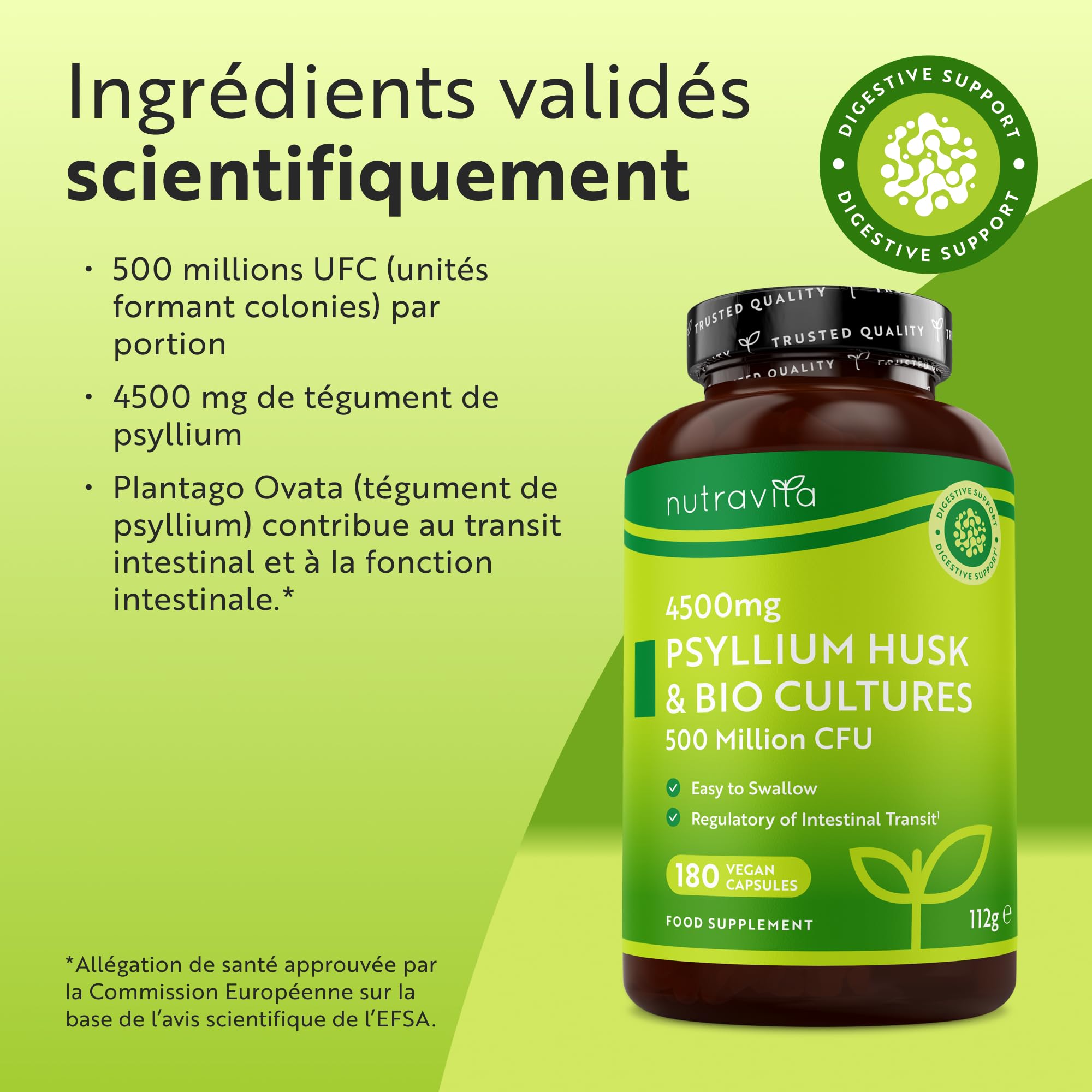 Nutravita Psyllium Blond 4500mg Vegan avec 500 Million de CFU - 180 Psyllium Gelules pour 3 Mois - Complement Alimentaire Transit Intestinal (EFSA)