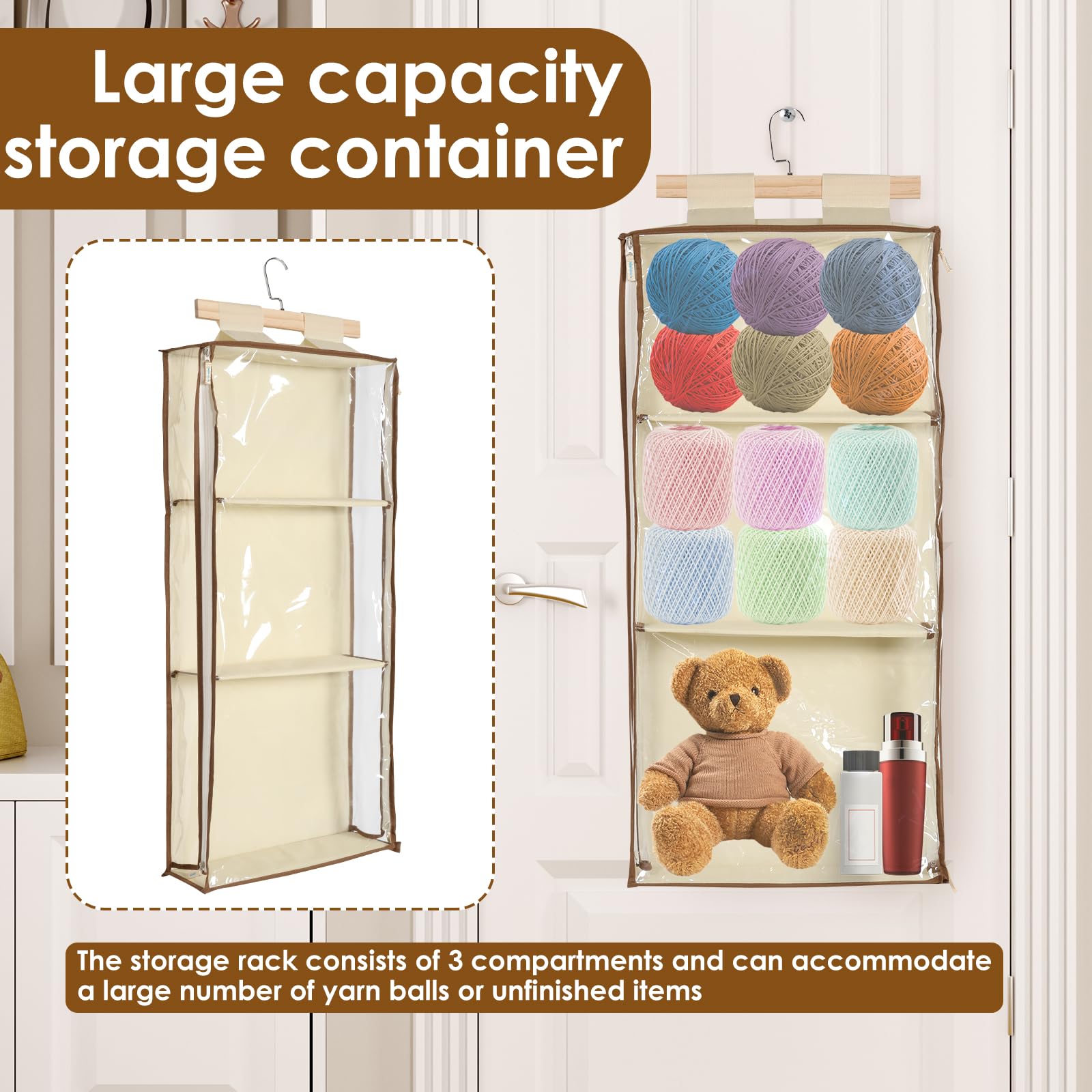 KTZCTPCA Hanging Yarn Storage Organizer, Over the Door Yarn Organizer with 3 Large Pockets, Clear Knitting Organizer Storage with Hooks, Over the Door Yarn Organizer Behind Door Organizer (White)