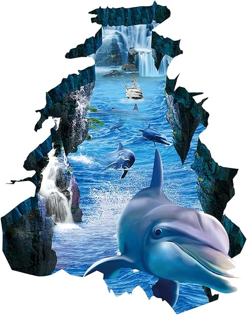 3D Broken Blue Dolphin Ocean World Wall Stickers, LINYAPRY Lifelike Ice Age and Under The Sea Tropical Fish Wall Decal, Peel and Stick Underwater Wall Decor for Floor Kids Boys Bedroom