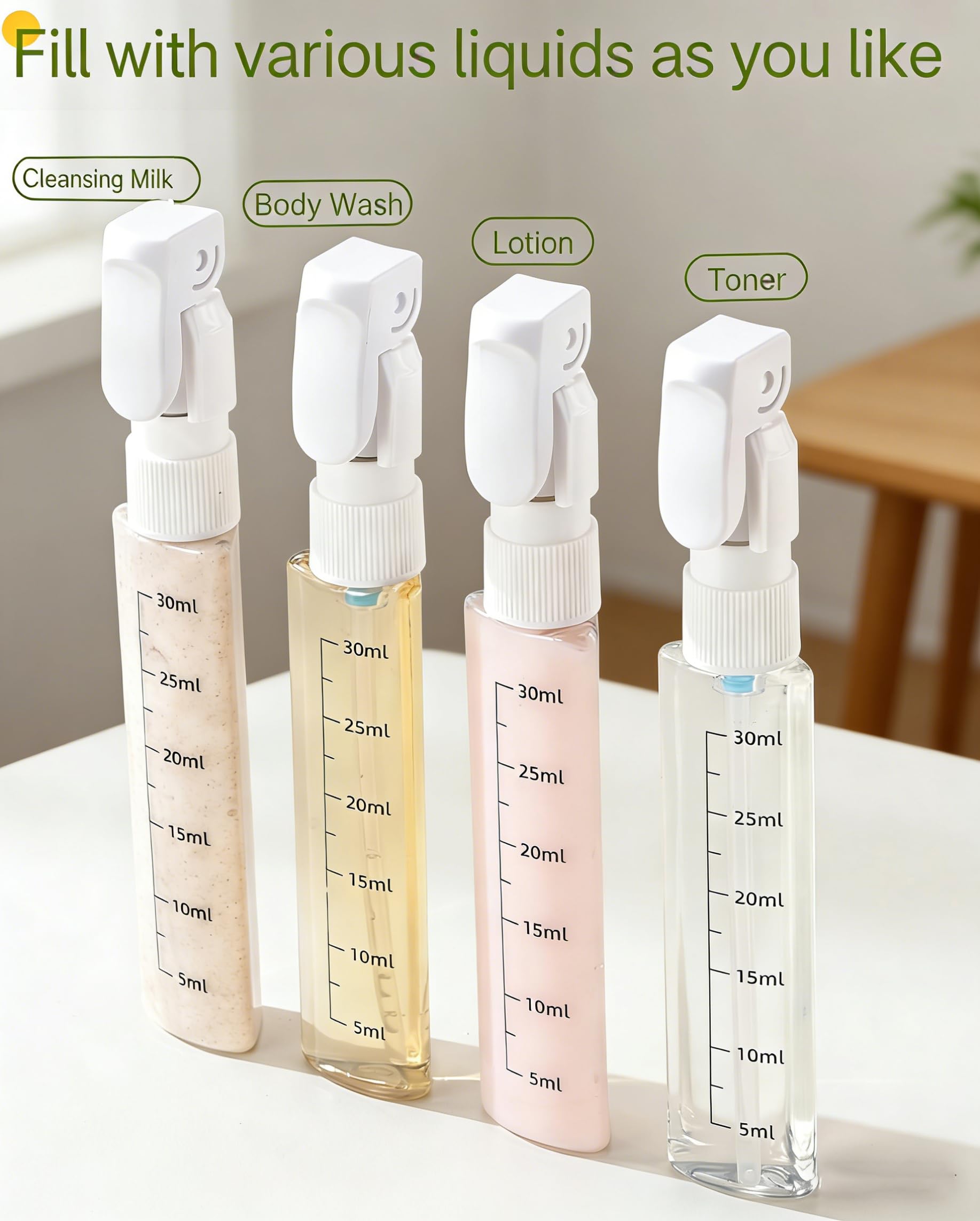 4-in-1Travel Dispenser Bottles Set, Refillable Leak Proof Squeeze Bottles with Label and Scale for Toiletries, Portable Travel Containers for Shampoo Lotion Conditioner Cream (Green) - 5