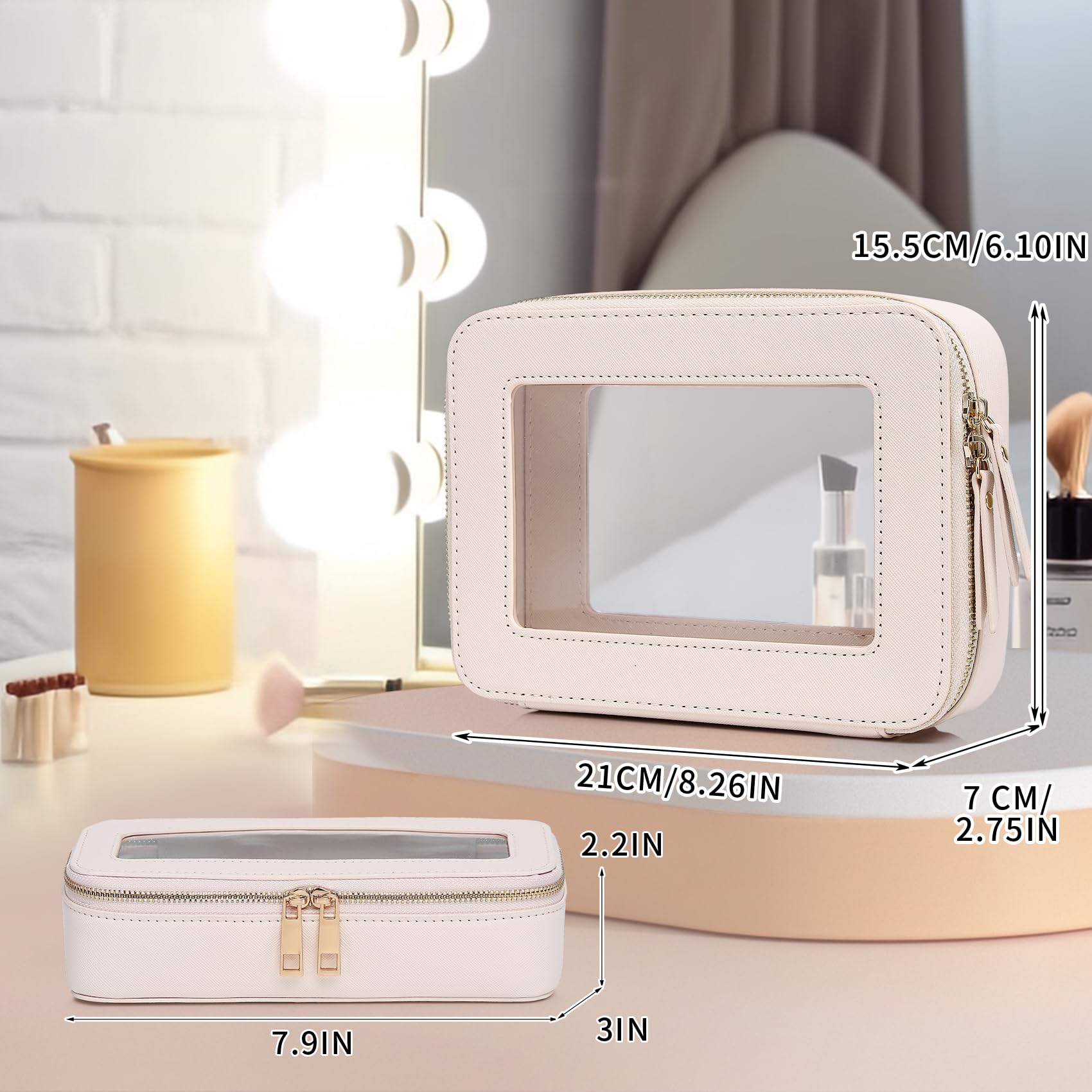 Pinkmik Borsa cosmetica trasparente con borsa cosmetica portatile da viaggio per le donne, B1/Beige, M+SLIM, Set trucco da viaggio