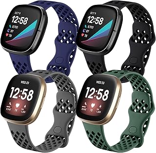 Maledan Compatible with Fitbit Versa 4/ Versa 3/Sense 2/Sense Bands for Women Men, Sport Band for Versa 3 and Versa 4 Watch Strap Accessories, 4 Pack Breathable Sense & Sense 2 Wristbands Bracelet