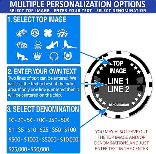 Miniatura 10 de DA VINCI Fichas de póquer personalizadas selecciona una imagen prediseñada, denominación de dólar y añade tu propio texto, 25 fichas de póquer a