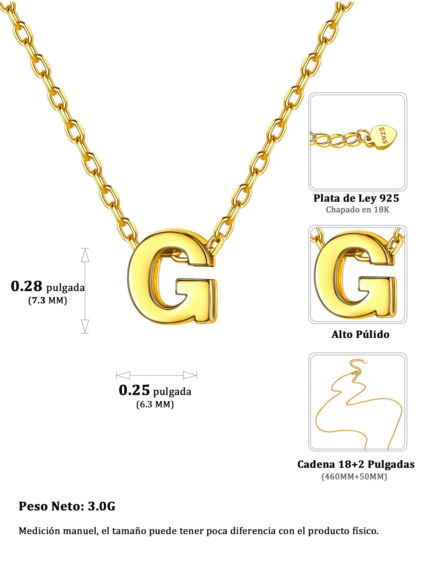 ChicSilver Collar Mujer Inicial G Plata 925 Colgante 26 Letras Doradas