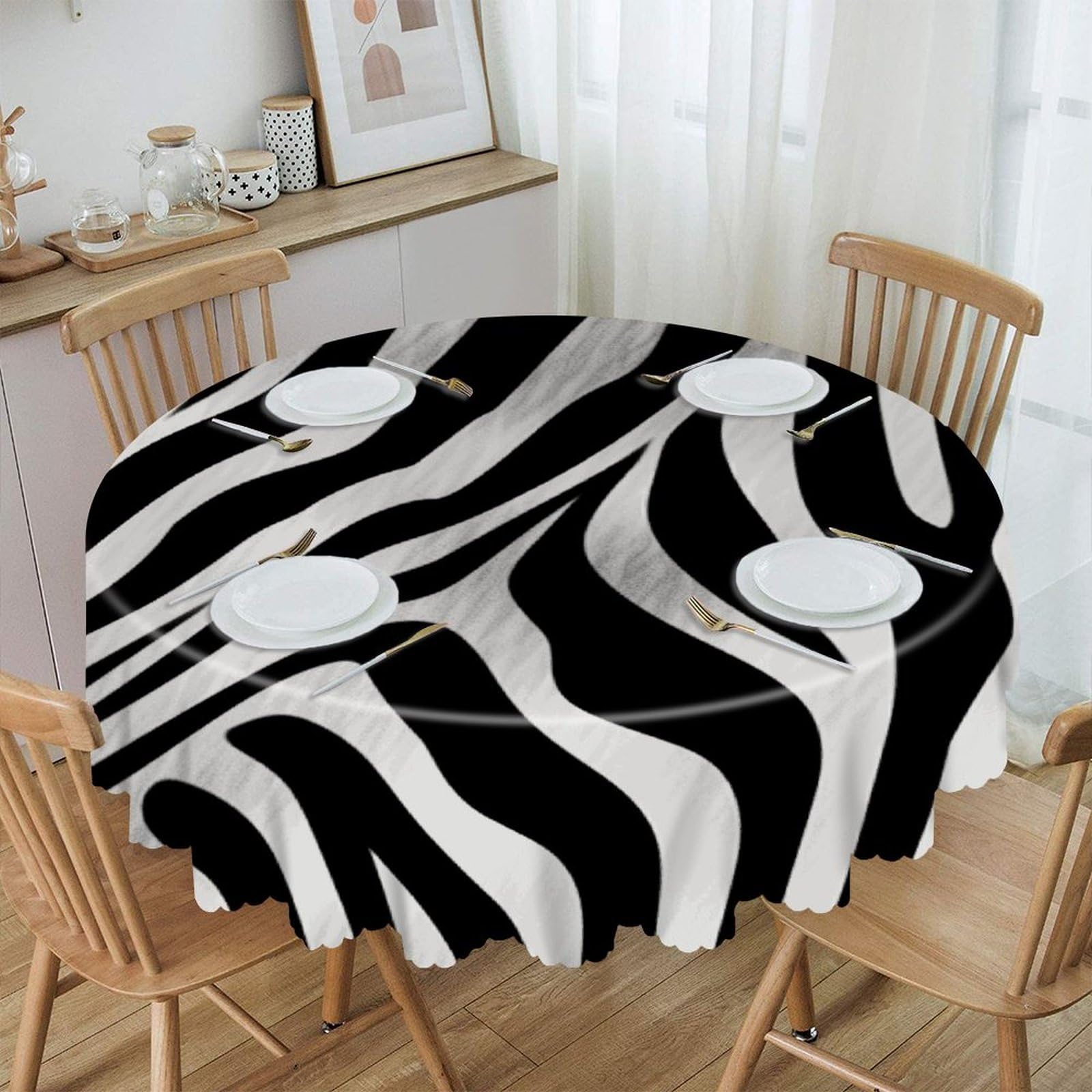 FekiLoot 60 Inch Round Zebra Print Tablecloth Waterproof Heavy Duty Polyester Table Cloth Spill-Proof Wipeable Table Cover Decorative Circle Dining Tablecover for Party Outdoor