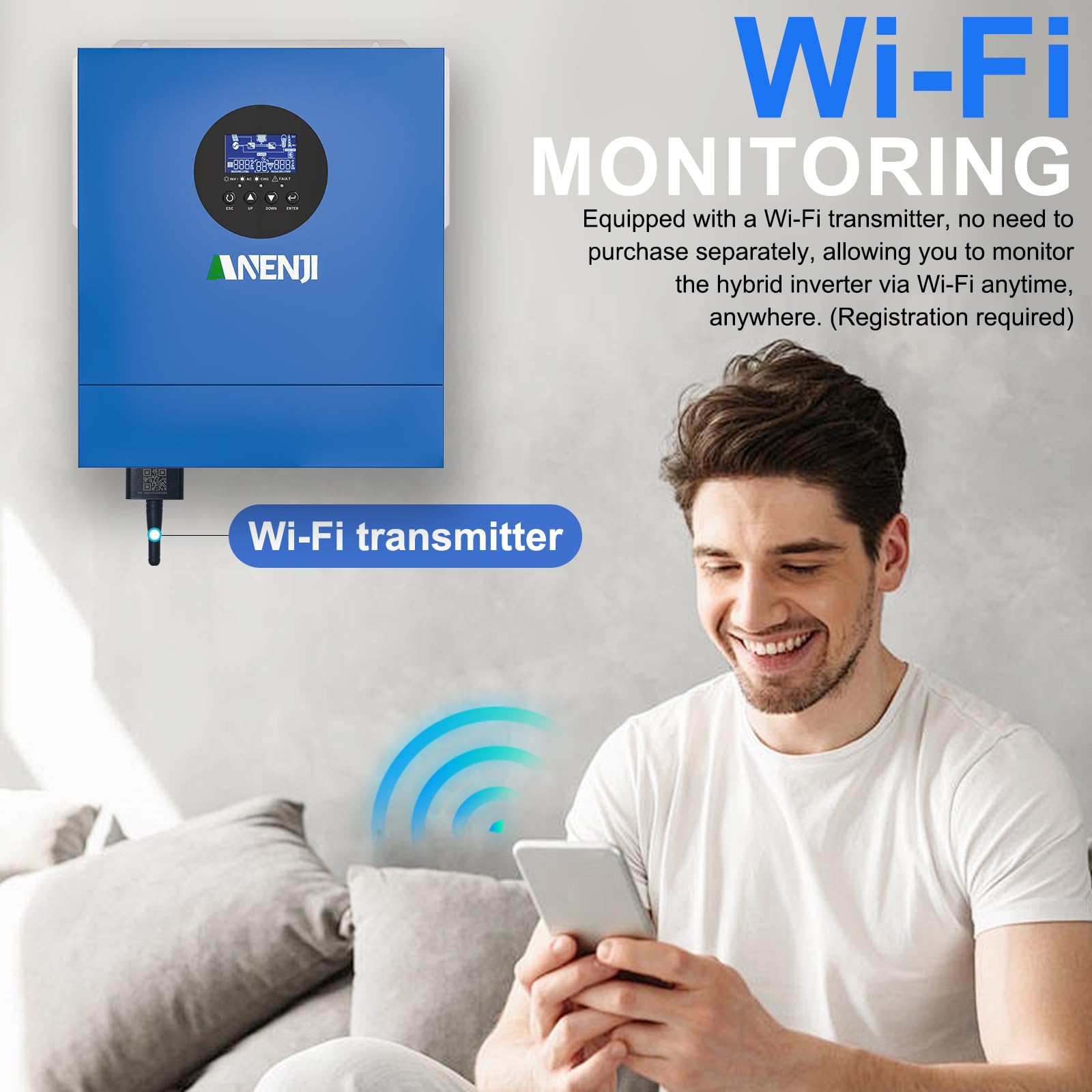2000W Inverter Ibrido 12V Inverter Fotovoltaico a Onda Sinusoidale Pura, MPPT da 60A Tensione di Ingresso Fotovoltaica Massima di 160V, Adatto Per Batterie al litio da 12V, con Modulo WiFi
