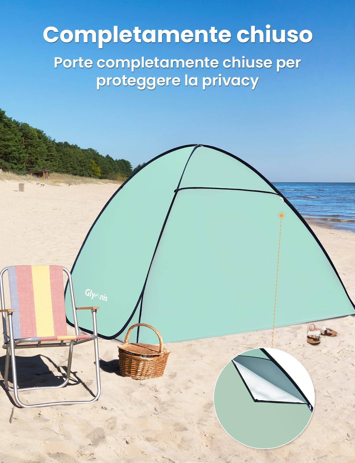 Glymnis Tenda da Spiaggia Completamente Chiuso Tenda Spiaggia Pop-up con Cerniera per 2-4 Persone, Protezione Solare UPF 50+, Include Borsa Portatile