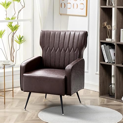 Silla tapizada de cuero sintético con respaldo alto, sillón de patas de metal de estilo moderno, cómodo sillón tapizado con respaldo de ala, silla