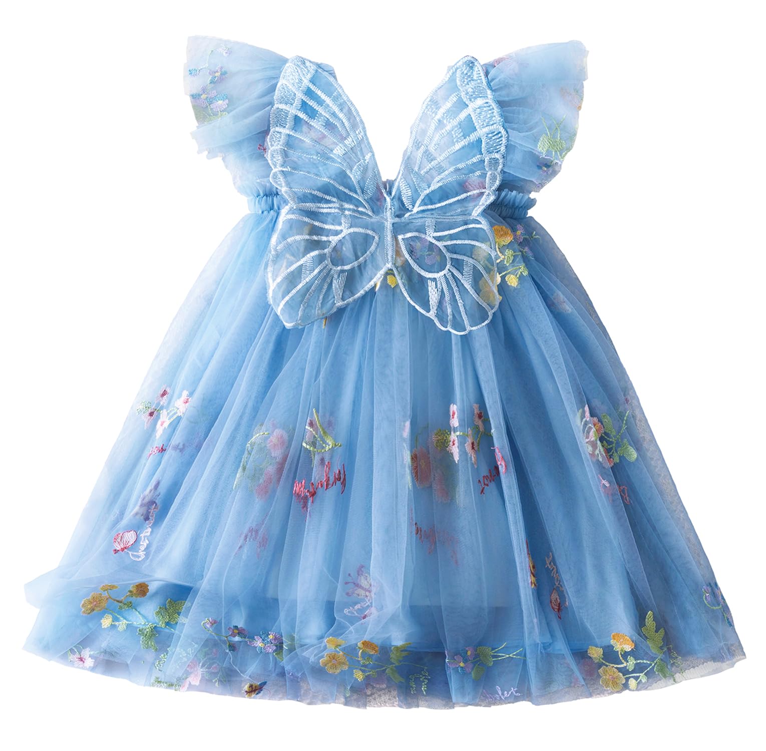 Toddler Baby Girls Floral Embroidered Tulle Dress with Butterfly Decoration Fancy Sleeveless Princess Dress
