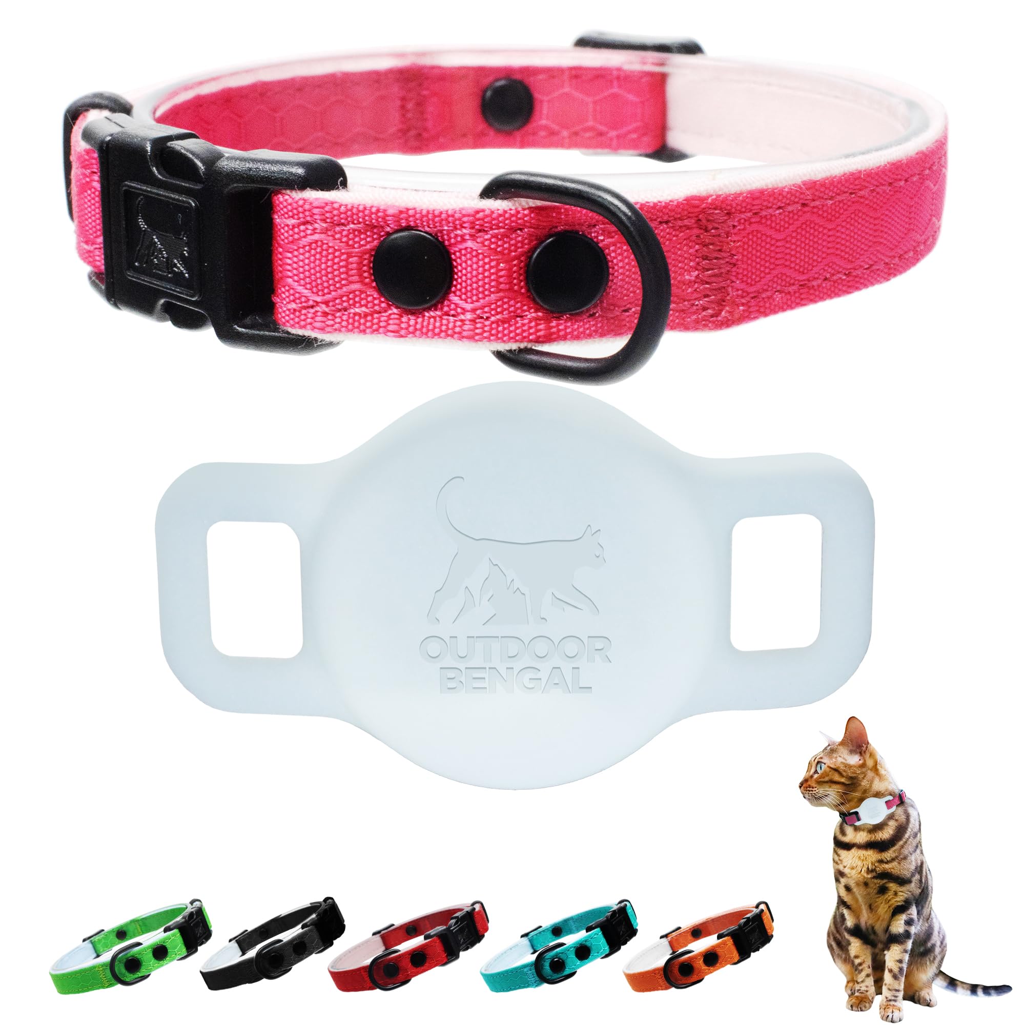 Quick Release Breakaway Cat Collar + AirTag Holder - with Soft Padding, Tactical Fabric Exterior, Natural and Neon Color Options (Famingo Pink)
