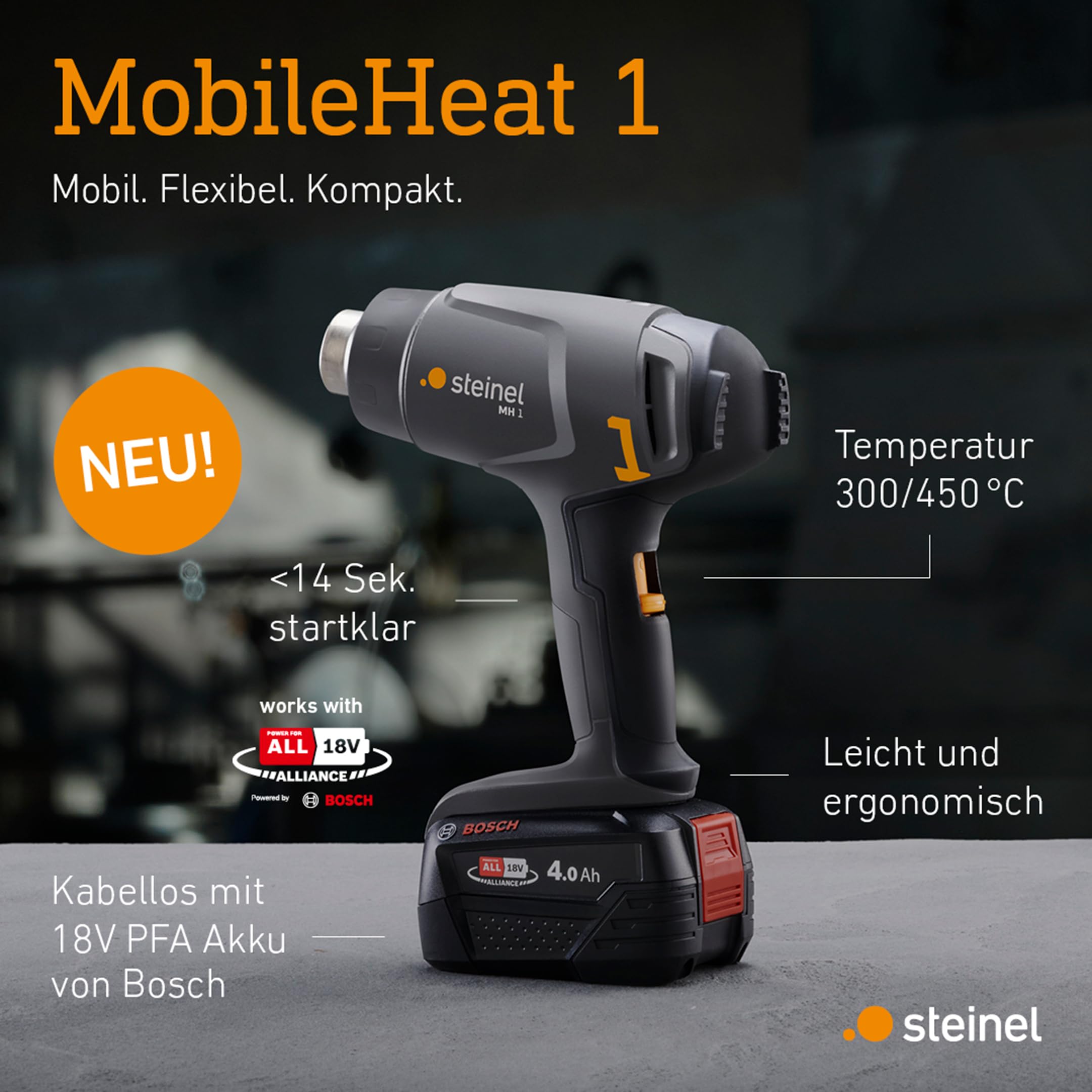 Steinel Pistola de aire caliente sin cable MH 1, sistema Bosch PFA 18V, 2 niveles de temperatura 300°C/450°C, pistola de calor para soldar y retractilar
