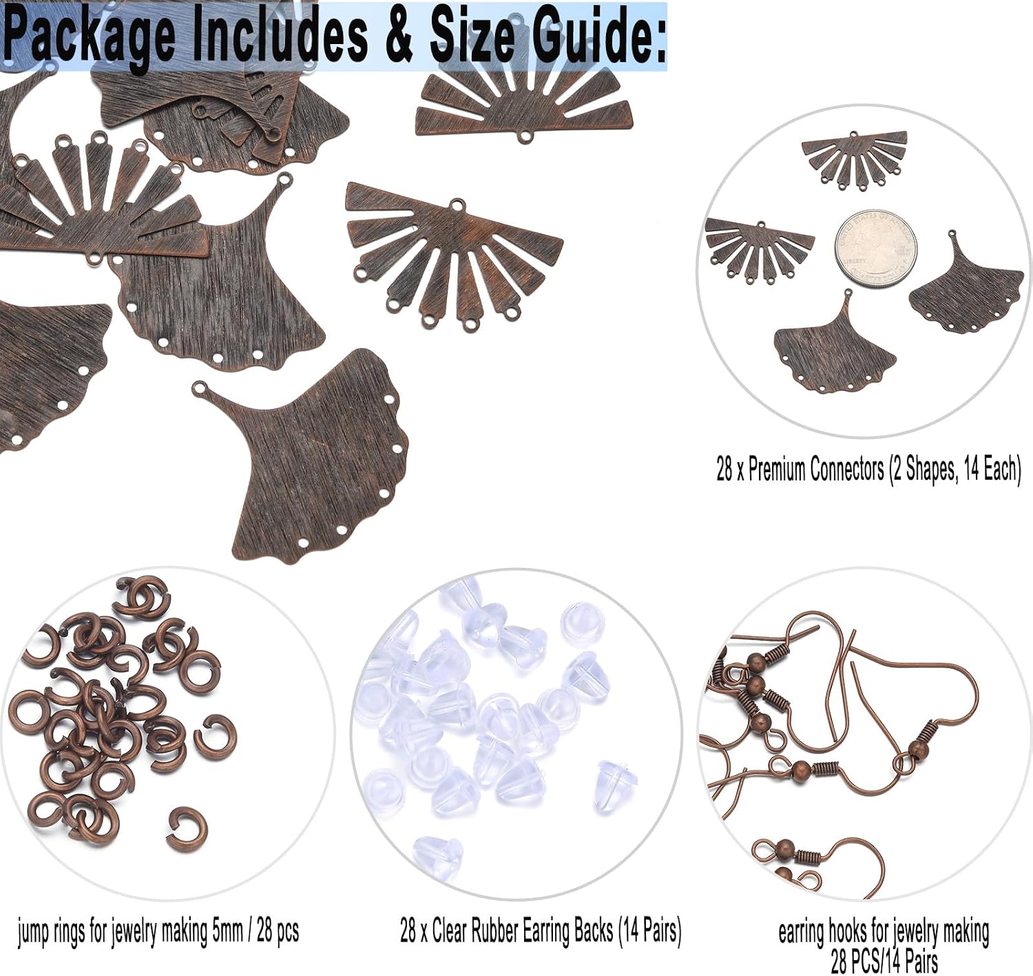 ROSENORTH Antique Copper Earring Making Kit – Brass Fan & Ginkgo Leaf Connectors, Hooks, Jump Rings & Backs for DIY Jewelry Craft Supplies (112 PCS)