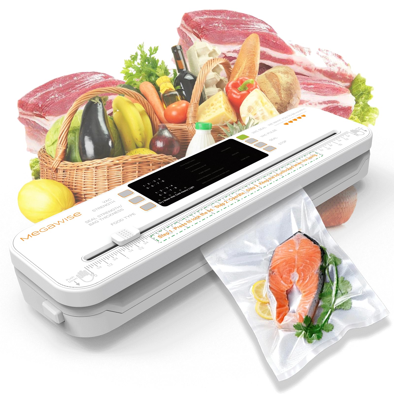 MEGAWISE Sigillatrice sottovuoto per alimenti, per conservazione degli alimenti, conservazione del congelatore e preparazione dei pasti, modalità asciutto e umido, taglierina integrata compatta