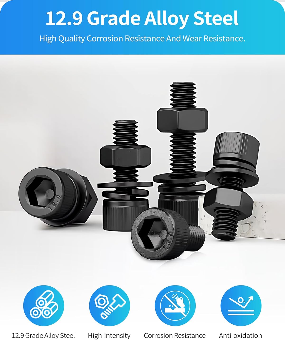 Metric Screw Assortment, 2000PCS Metric Bolt Assortment Kit M2 M3 M4 M5 Machine Screws with Lock & Flat Washers, Grade 12.9 Alloy Steel Hex Socket Head Cap Screws Nuts and Bolts Kit (Black)