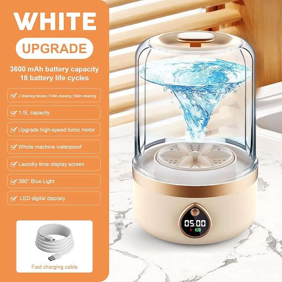 Portable Washing Machine, 1.5L Underwear Washer Rechargeable Cordless Makeup Sponges Cleaner Deep Clean Socks, Underwear, Baby Clothes, Washing Machine for Apartment, Dorm, Camping (Beige)