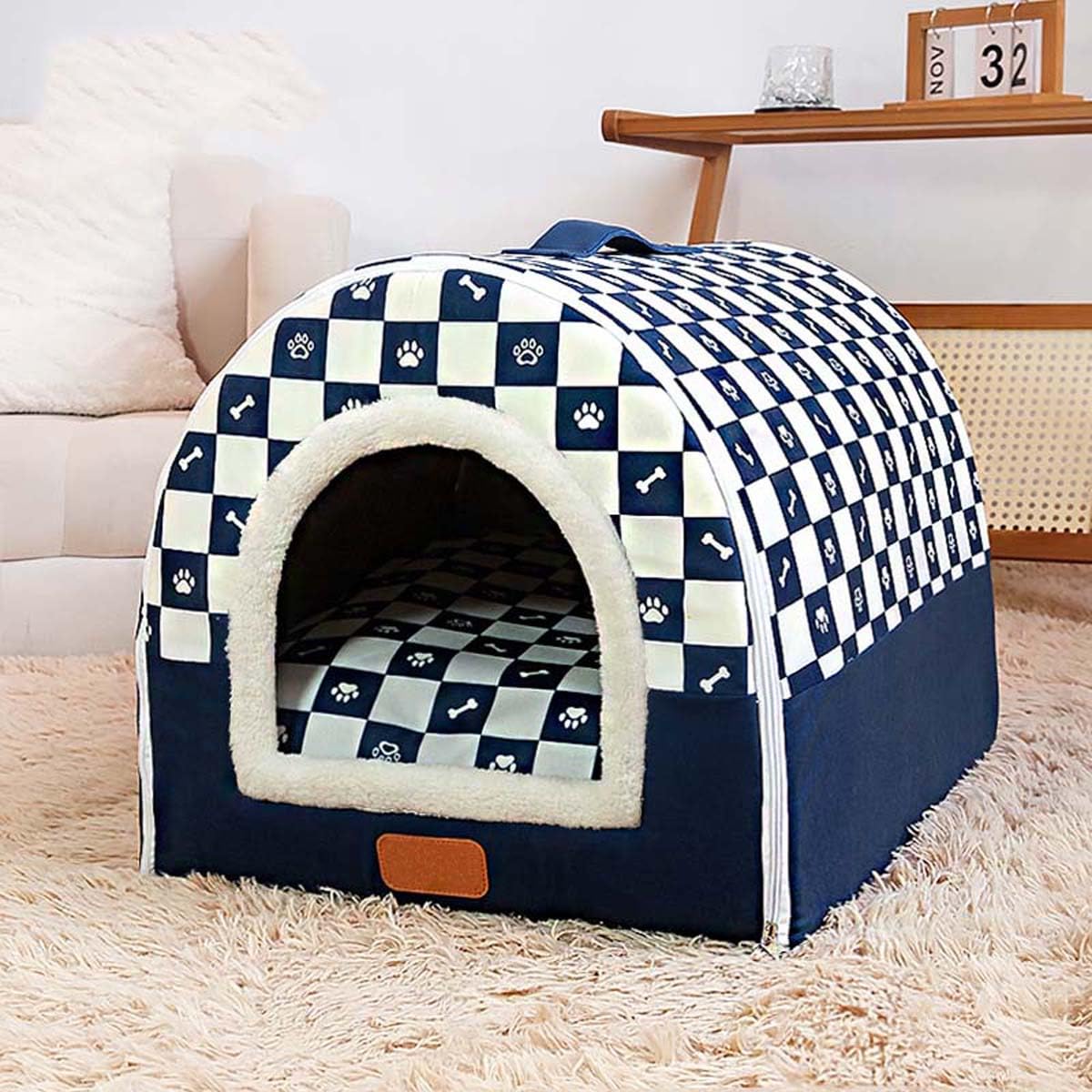 Pet House 2 In 1 Enclosed Dog Kennel, Cat Cave Warm Sleeping Nest with Removable Anti-Anxiety Cushion, Cozy Dogs Igloo House Non-Slip Pet Bed (L, Navy)