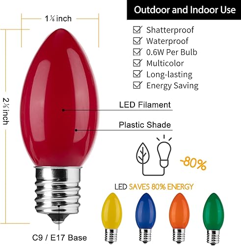 Miniatura 7 de Brightown Paquete de 25 bombillas LED C9 de Navidad, bombillas LED C9 inastillables de plástico blanco, repuesto para luces de cadena de Navidad,