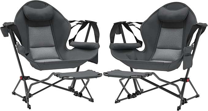 Outsunny Double Hammock Camping Chair, Adjustable Back Folding Rocking Chair Swinging Hammock Chair with Cup Holder, Headrest, Removable Footrest, Padded Seat for Travel Sports Concerts, Dark Gray