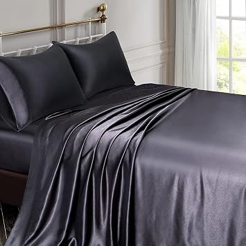 100% Silk Satin Sheet Fitted Sheet 15inch Deep Pocket+Flat Sheet+Pillowcases King Black Ultra Soft Silk Satin |Wrinkle Free Fade Resistant